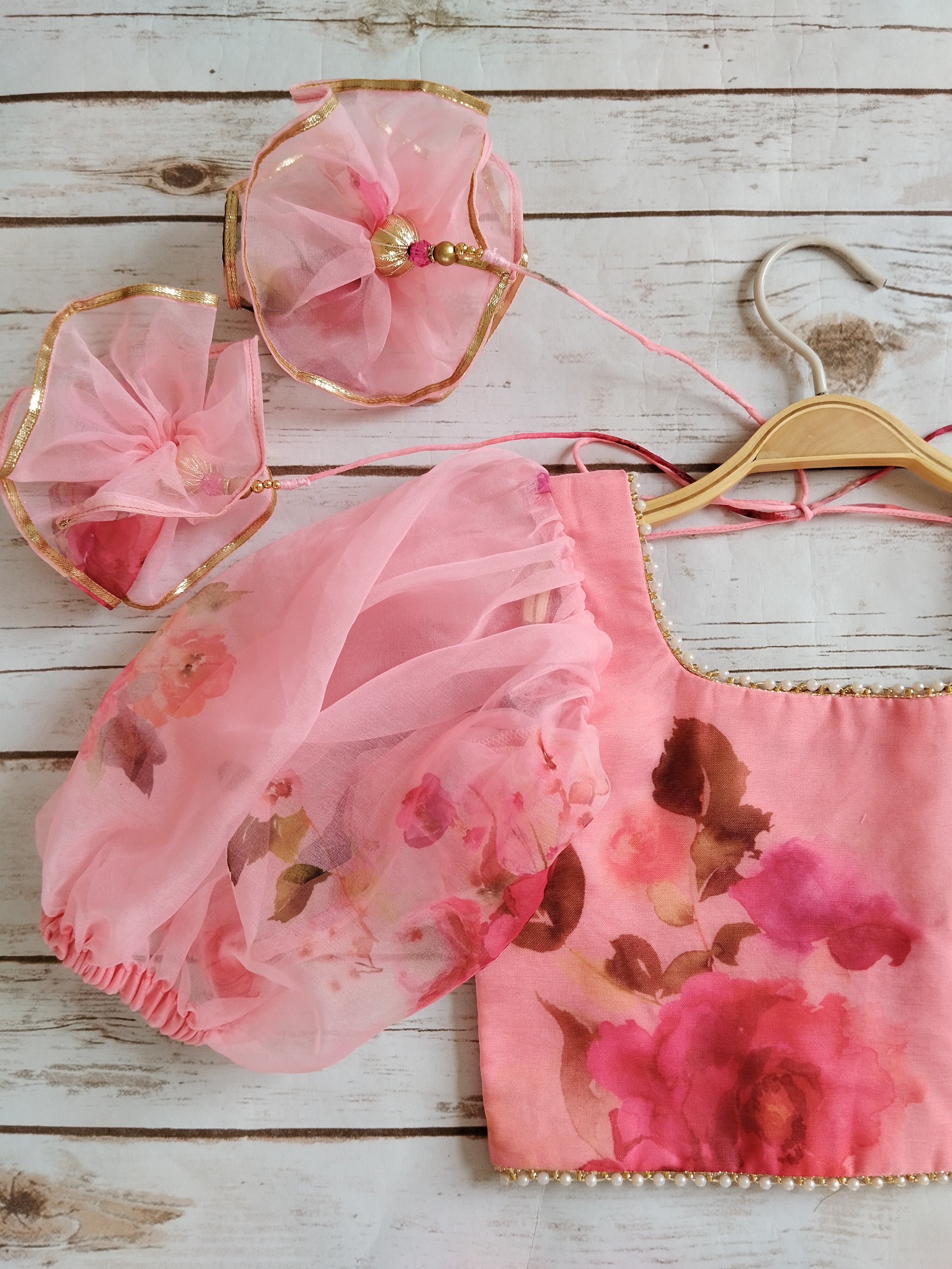 Eva Blush Pink Floral Organza Kids Lehenga