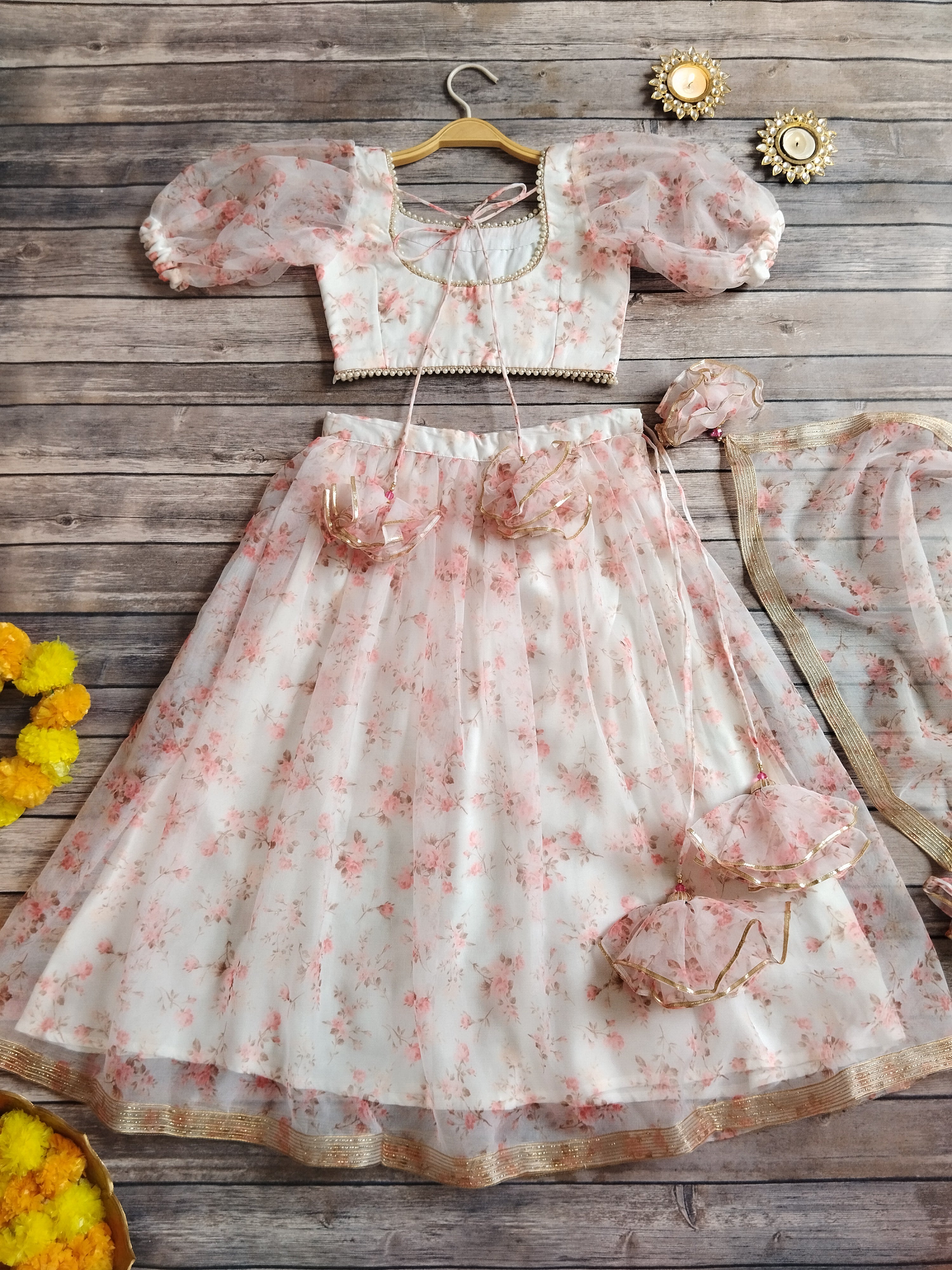 White Floral Organza Kids Lehenga