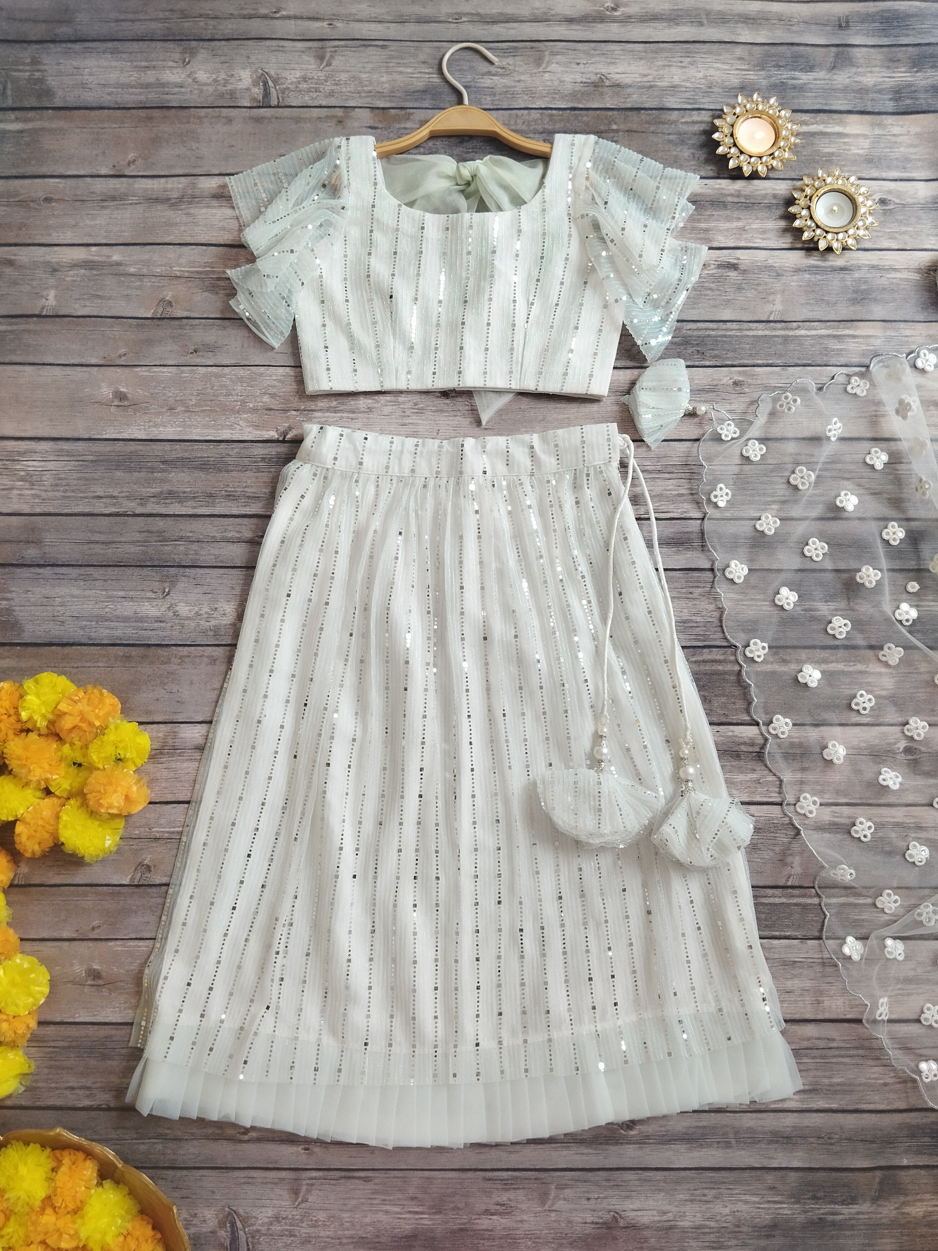 White Shimmer Kids Lehenga