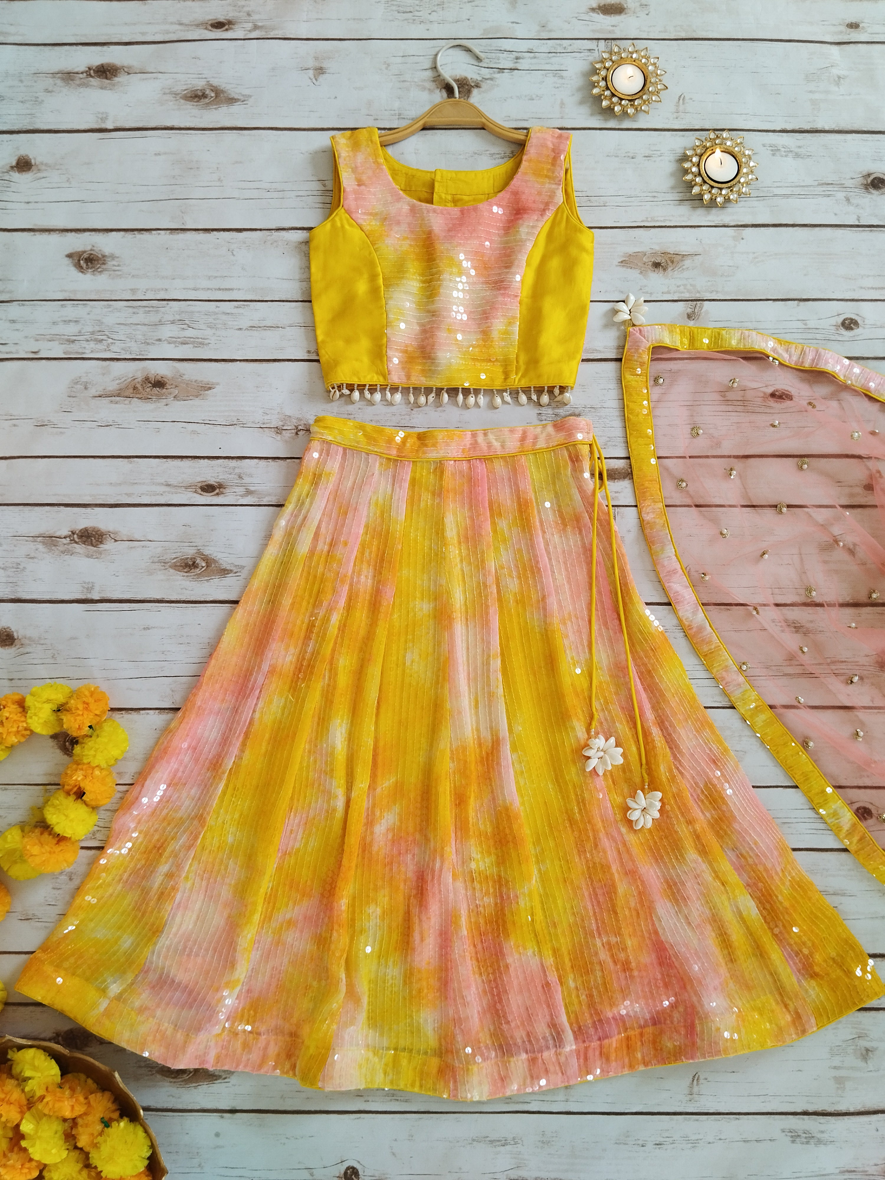 Kashvi Yellow Pink Shibori Sequin-work Kids Lehenga