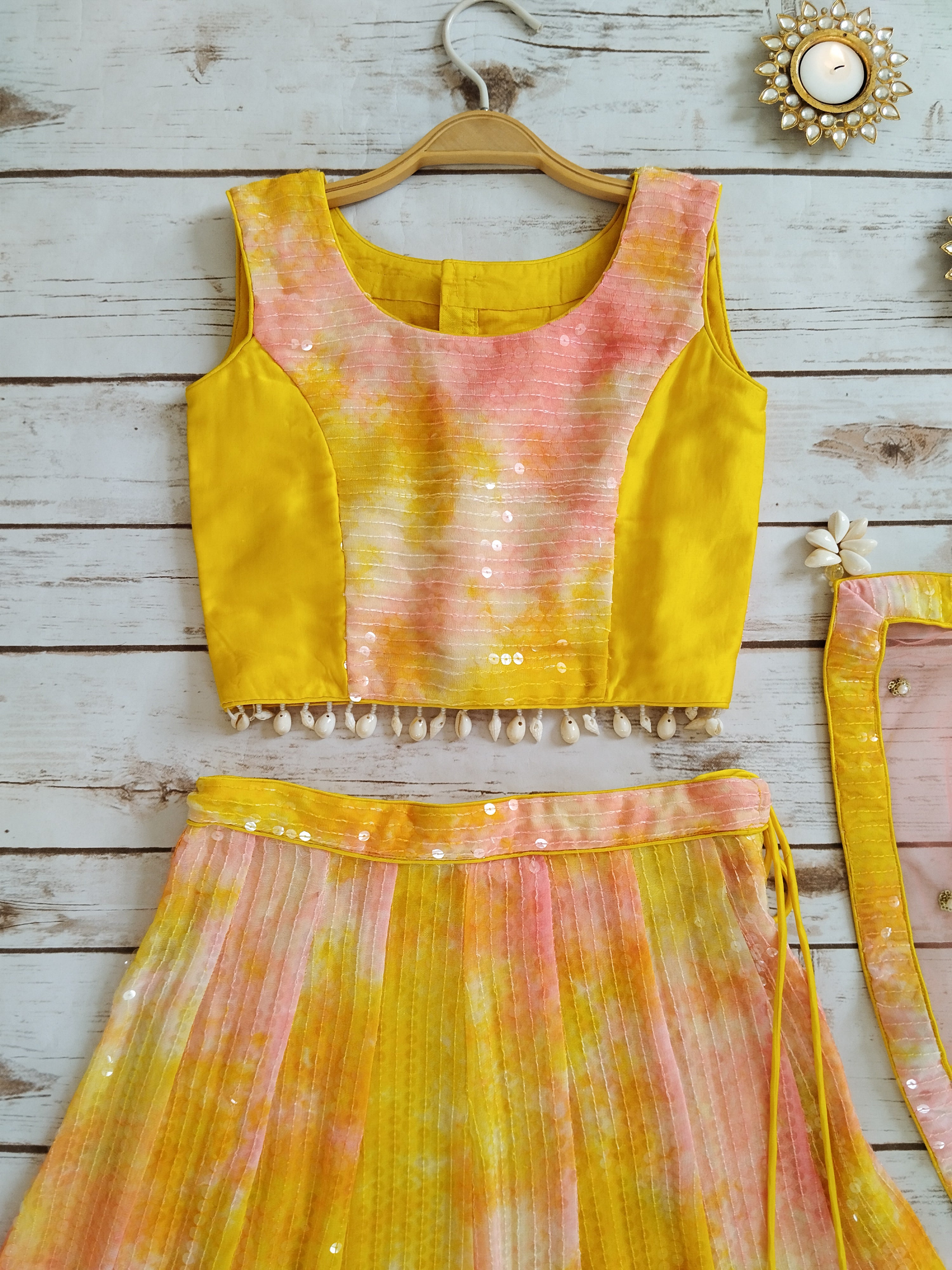 Kashvi Yellow Pink Shibori Sequin-work Kids Lehenga
