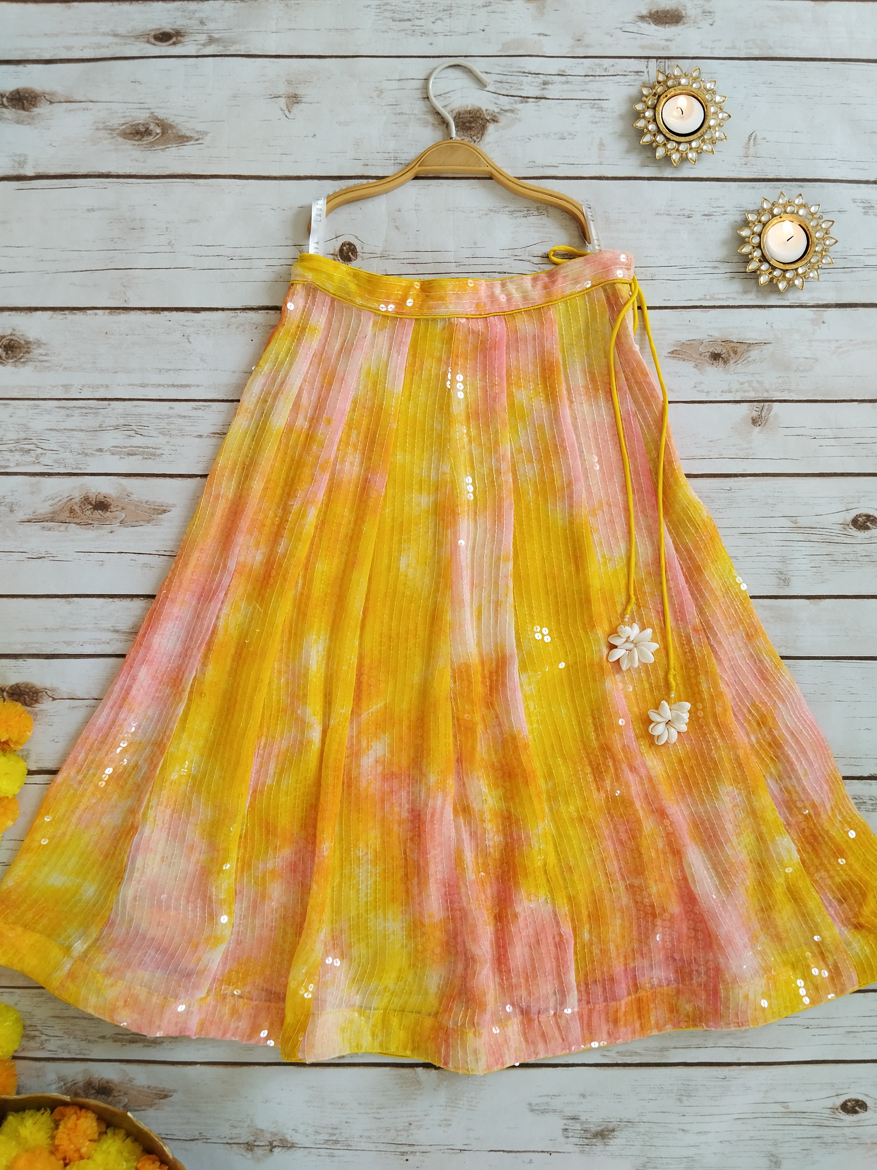 Kashvi Yellow Pink Shibori Sequin-work Kids Lehenga