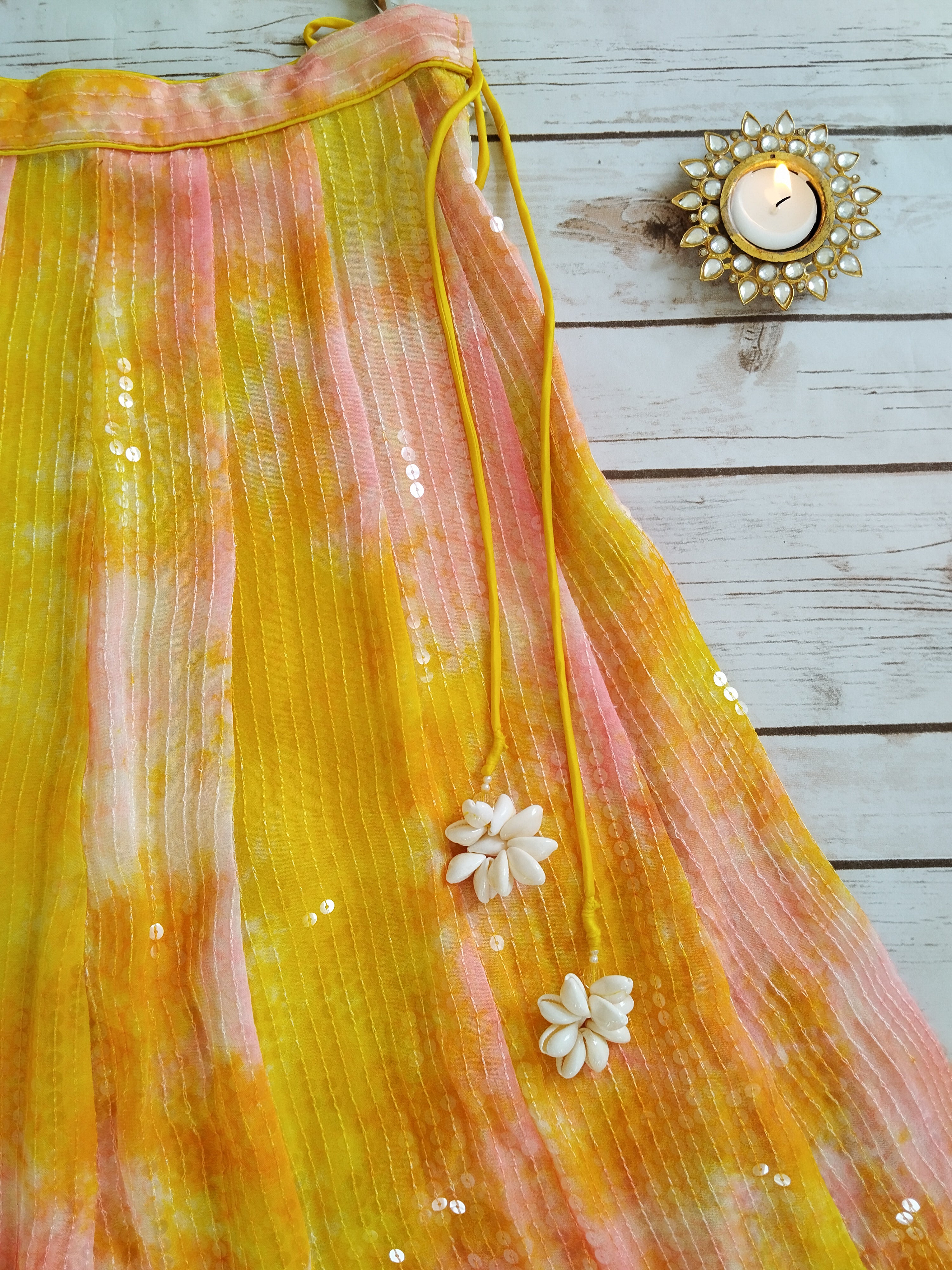 Kashvi Yellow Pink Shibori Sequin-work Kids Lehenga
