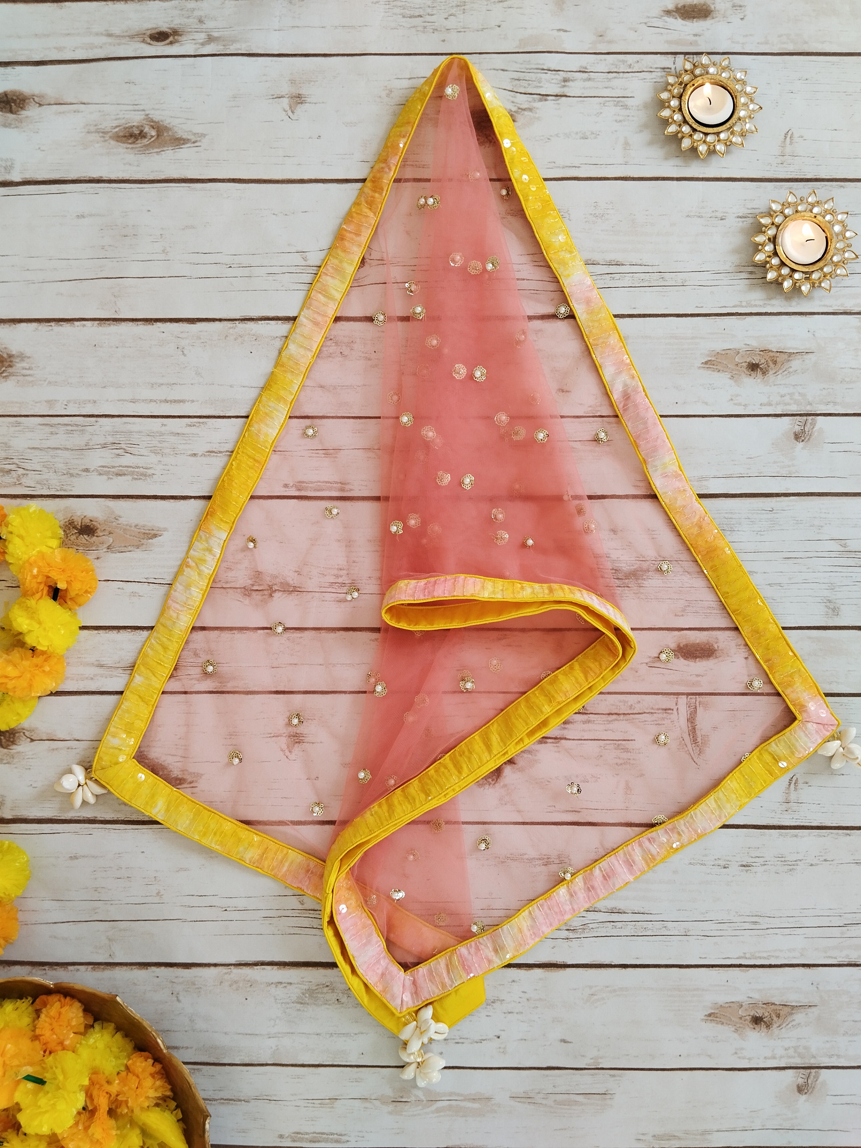 Kashvi Yellow Pink Shibori Sequin-work Kids Lehenga