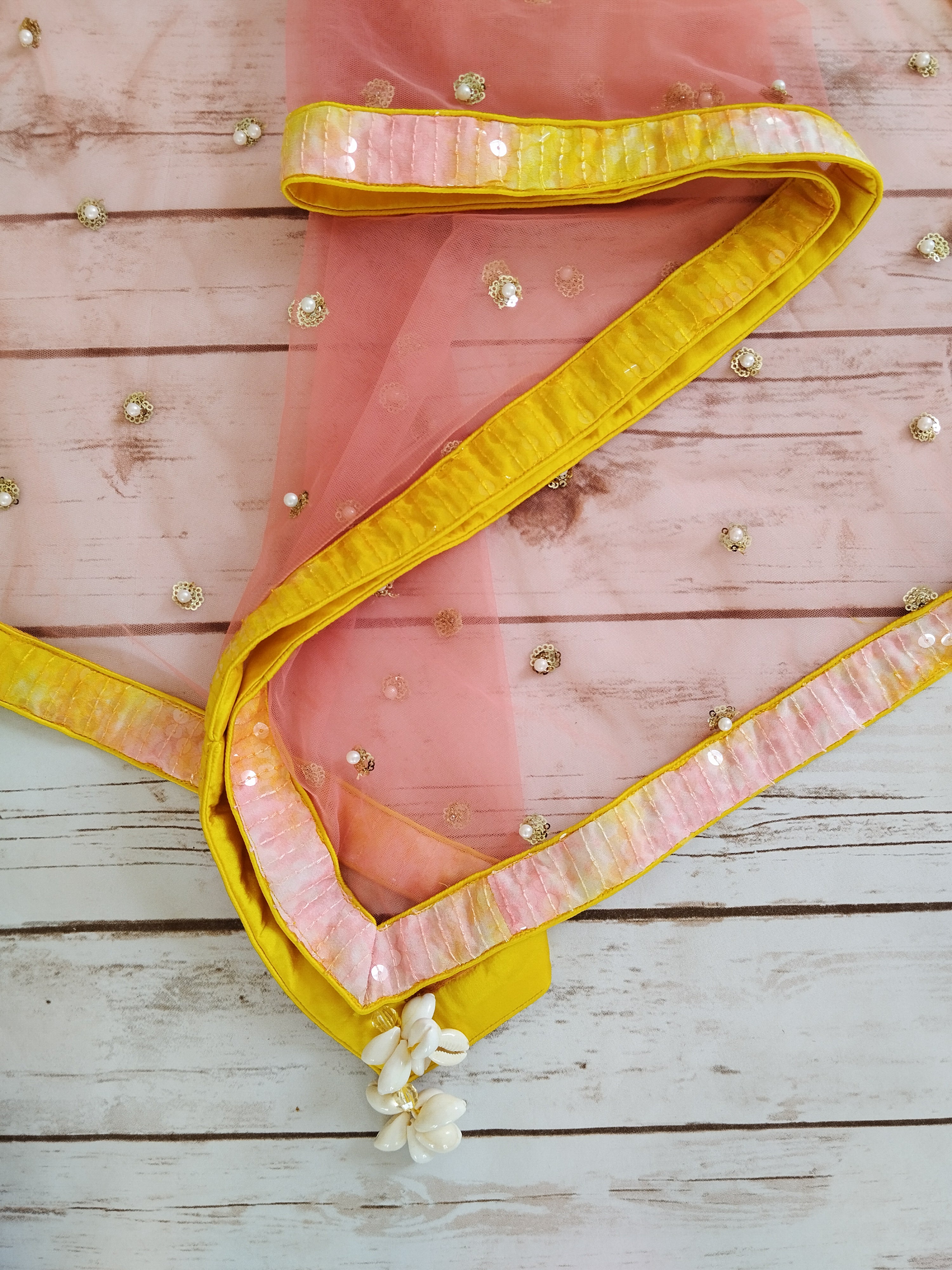 Kashvi Yellow Pink Shibori Sequin-work Kids Lehenga