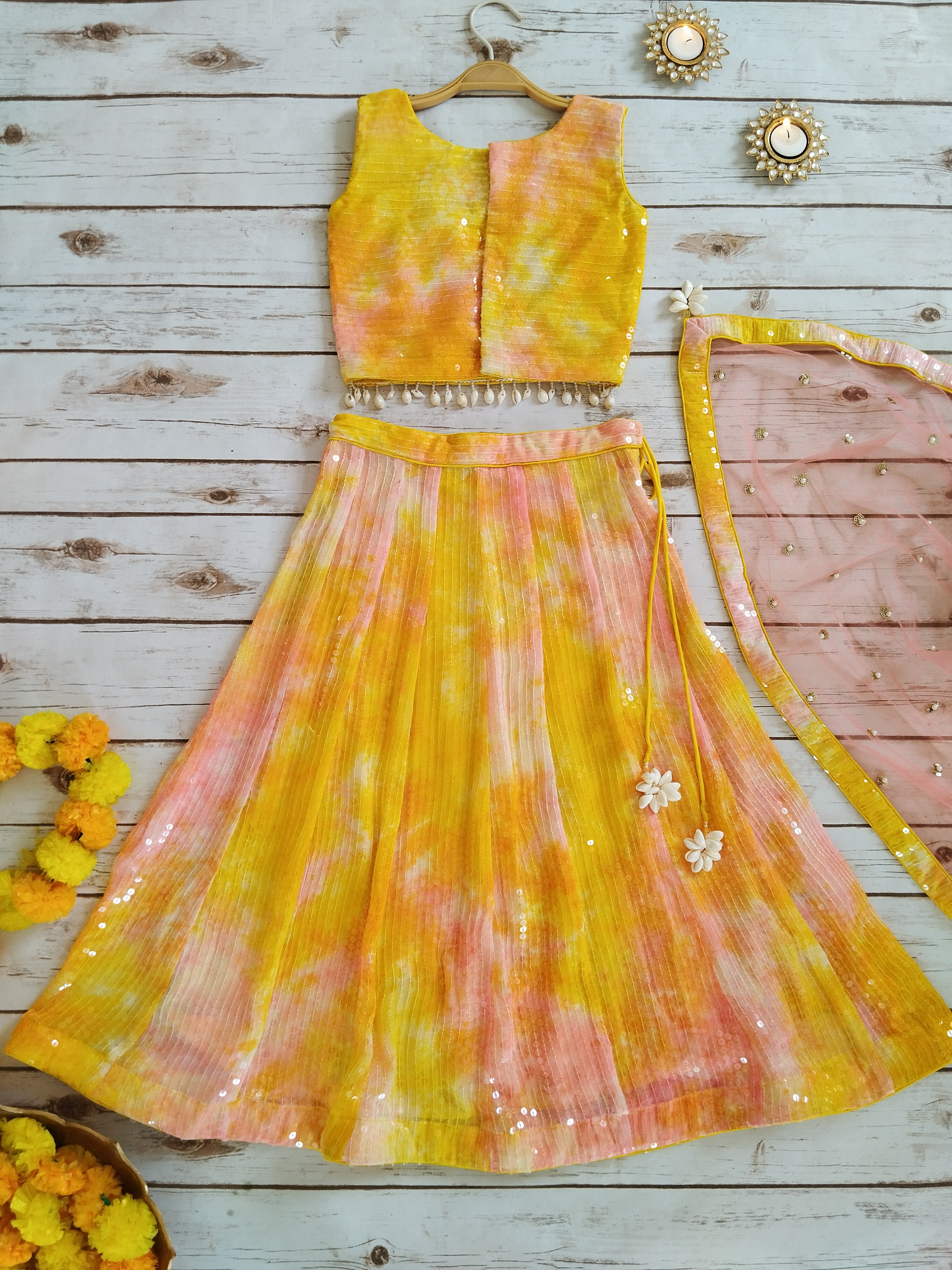 Kashvi Yellow Pink Shibori Sequin-work Kids Lehenga