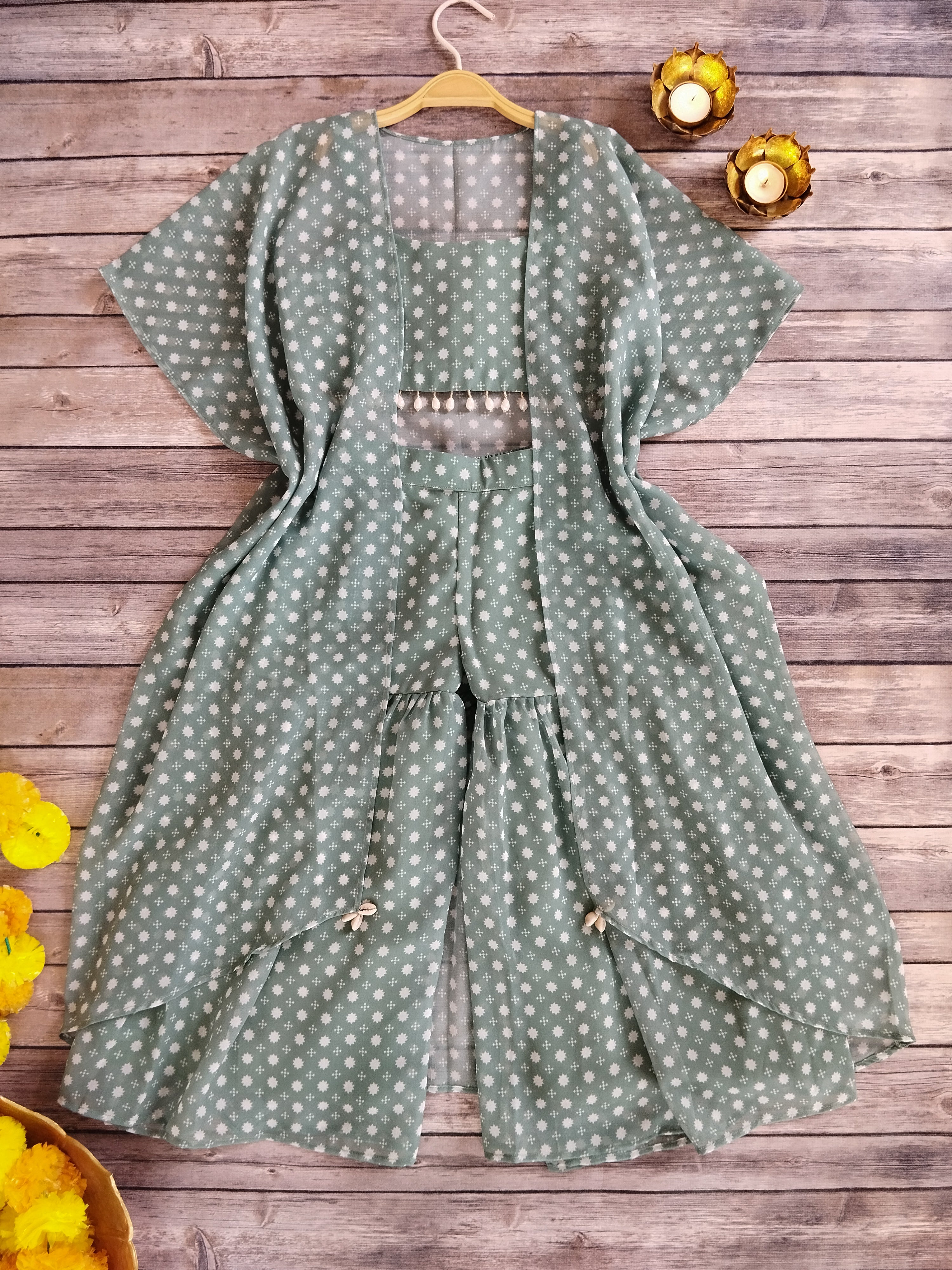Sage Green Printed Kids Crop Top & Sharara Set