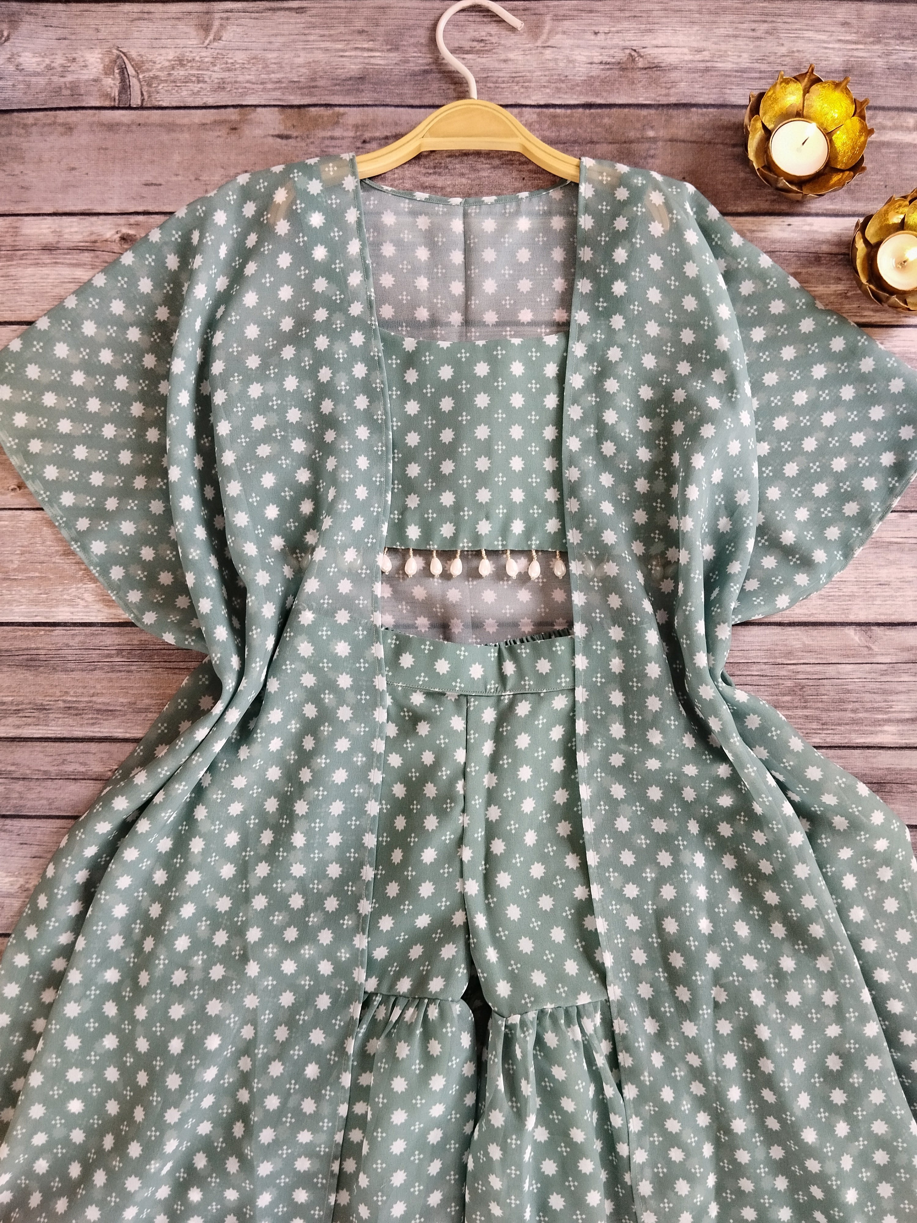 Sage Green Printed Kids Crop Top & Sharara Set