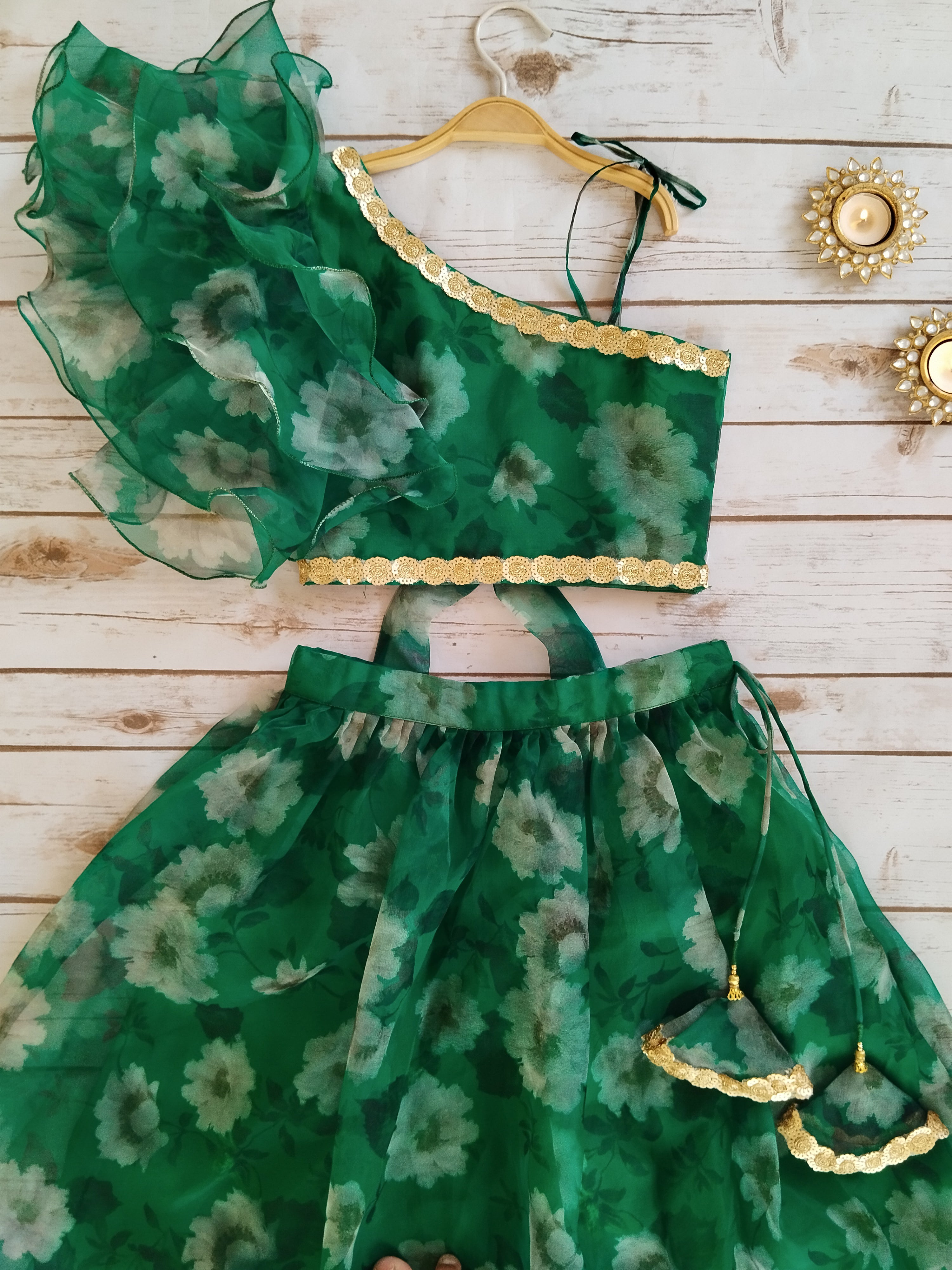 Forest Green Organza Kid's Lehenga