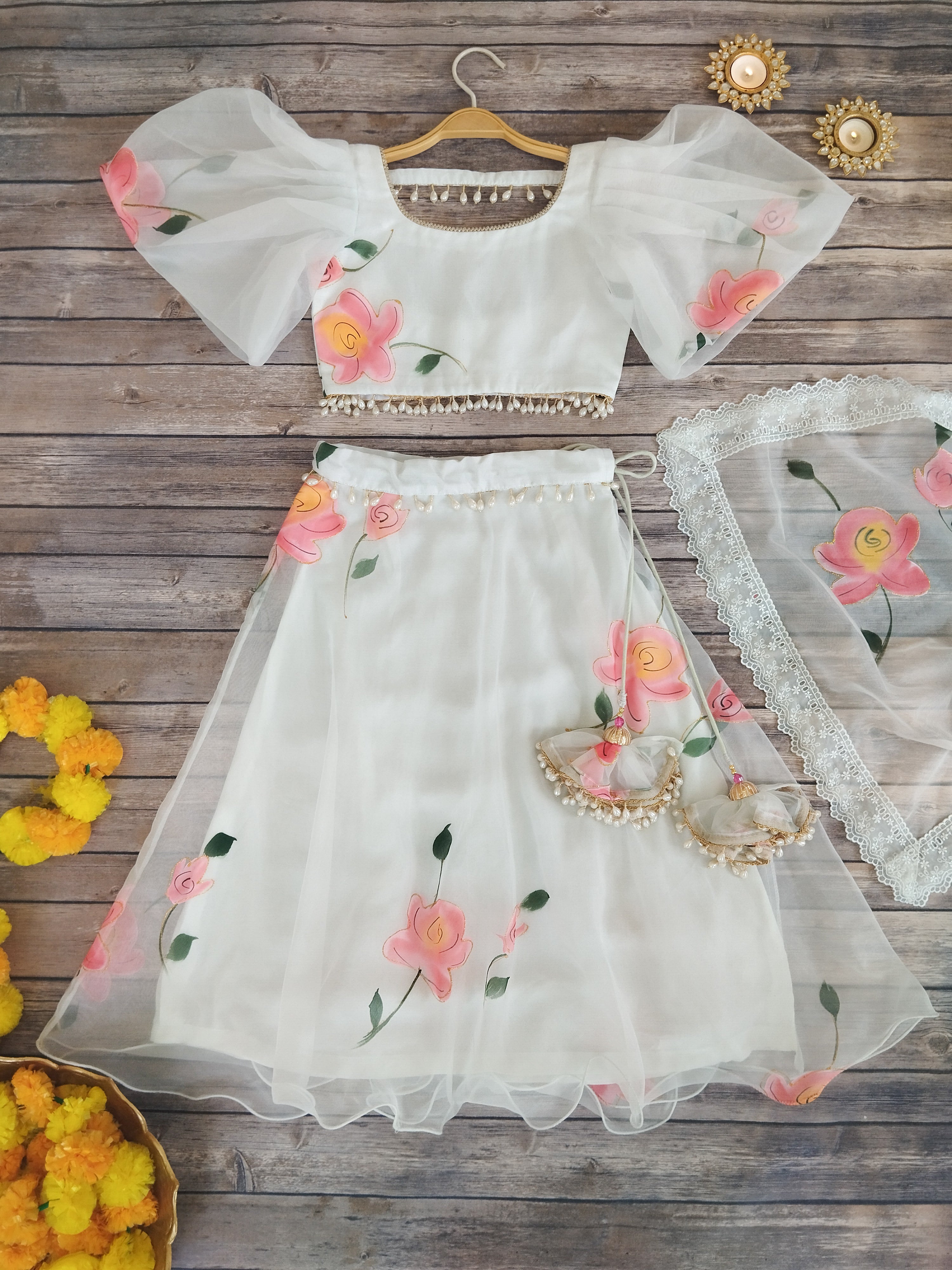 Sky Blue Handpainted Organza Kid's Lehenga