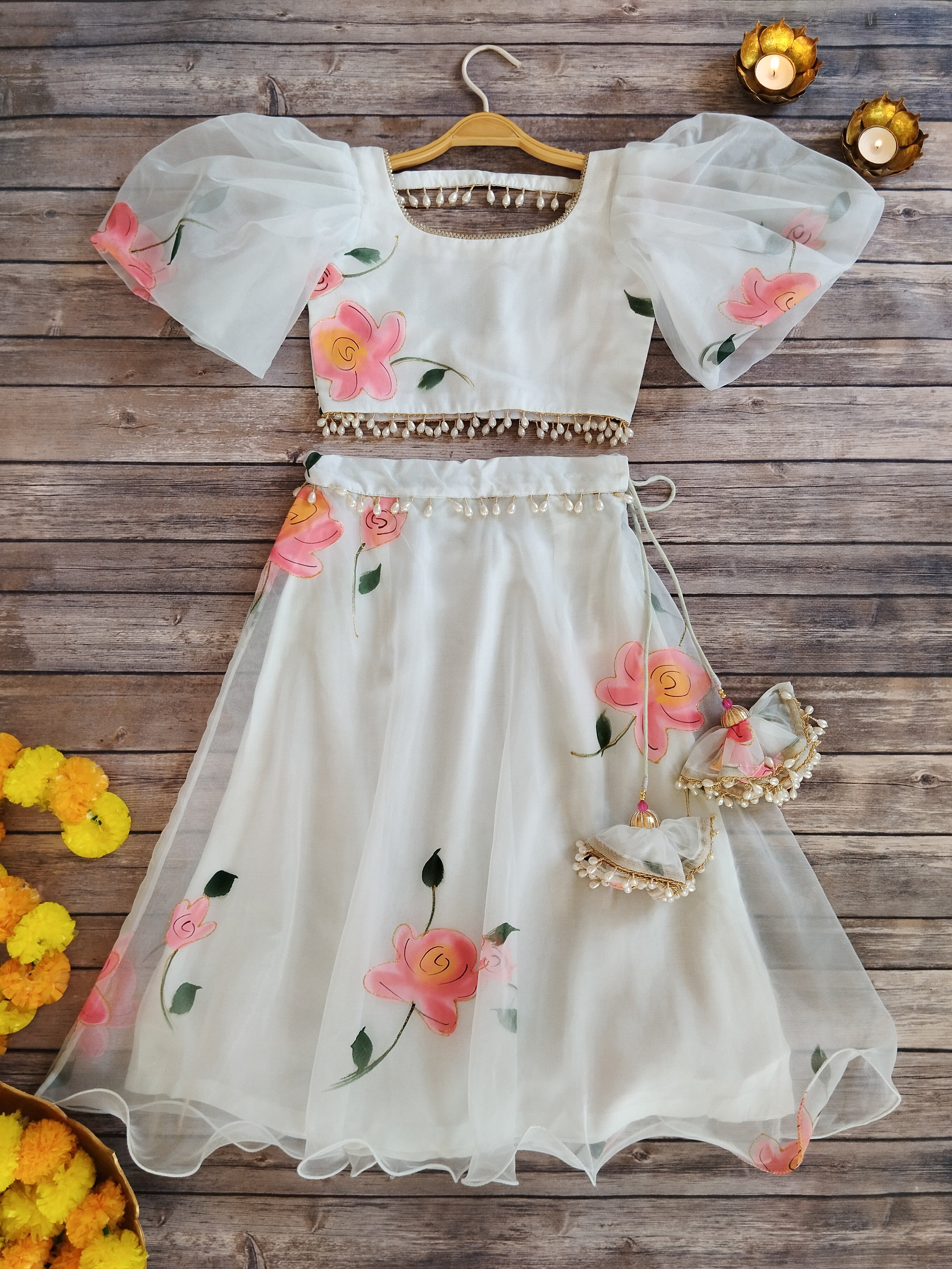 Sky Blue Handpainted Organza Kid's Lehenga