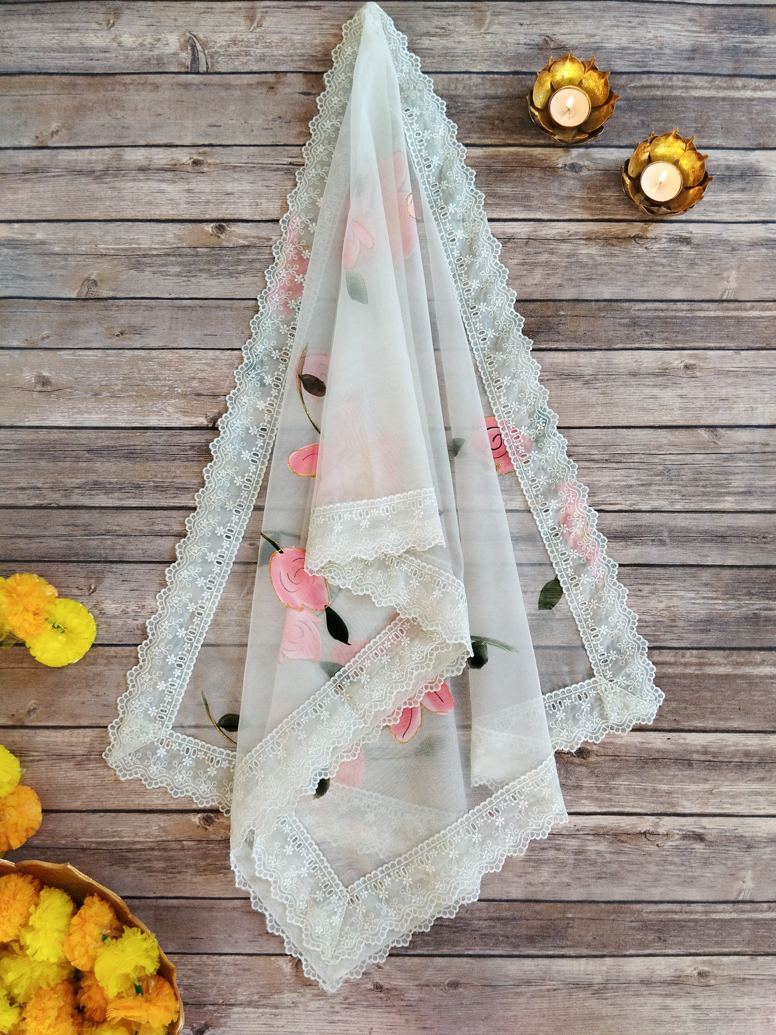 Sky Blue Handpainted Organza Kid's Lehenga