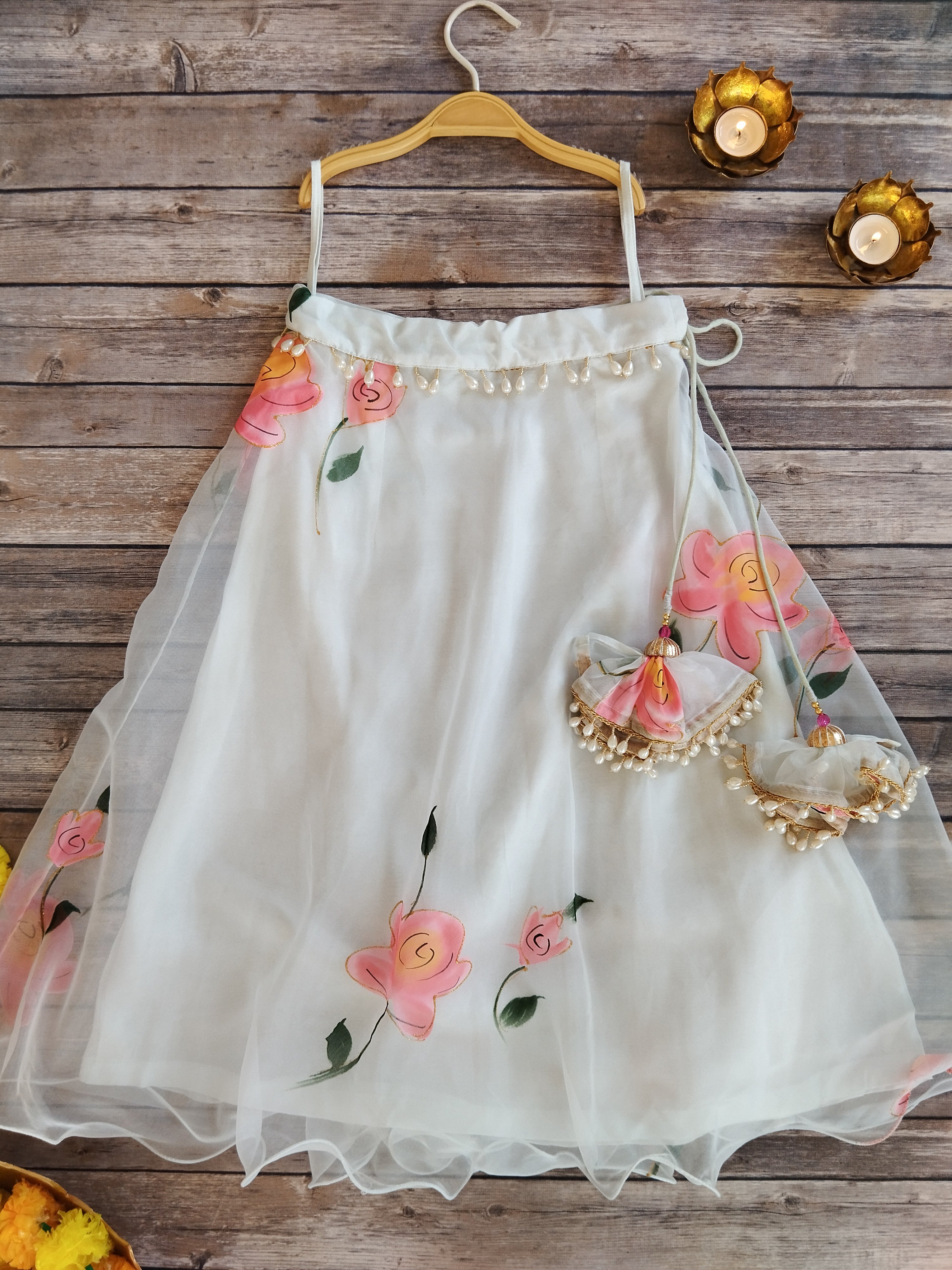 Sky Blue Handpainted Organza Kid's Lehenga