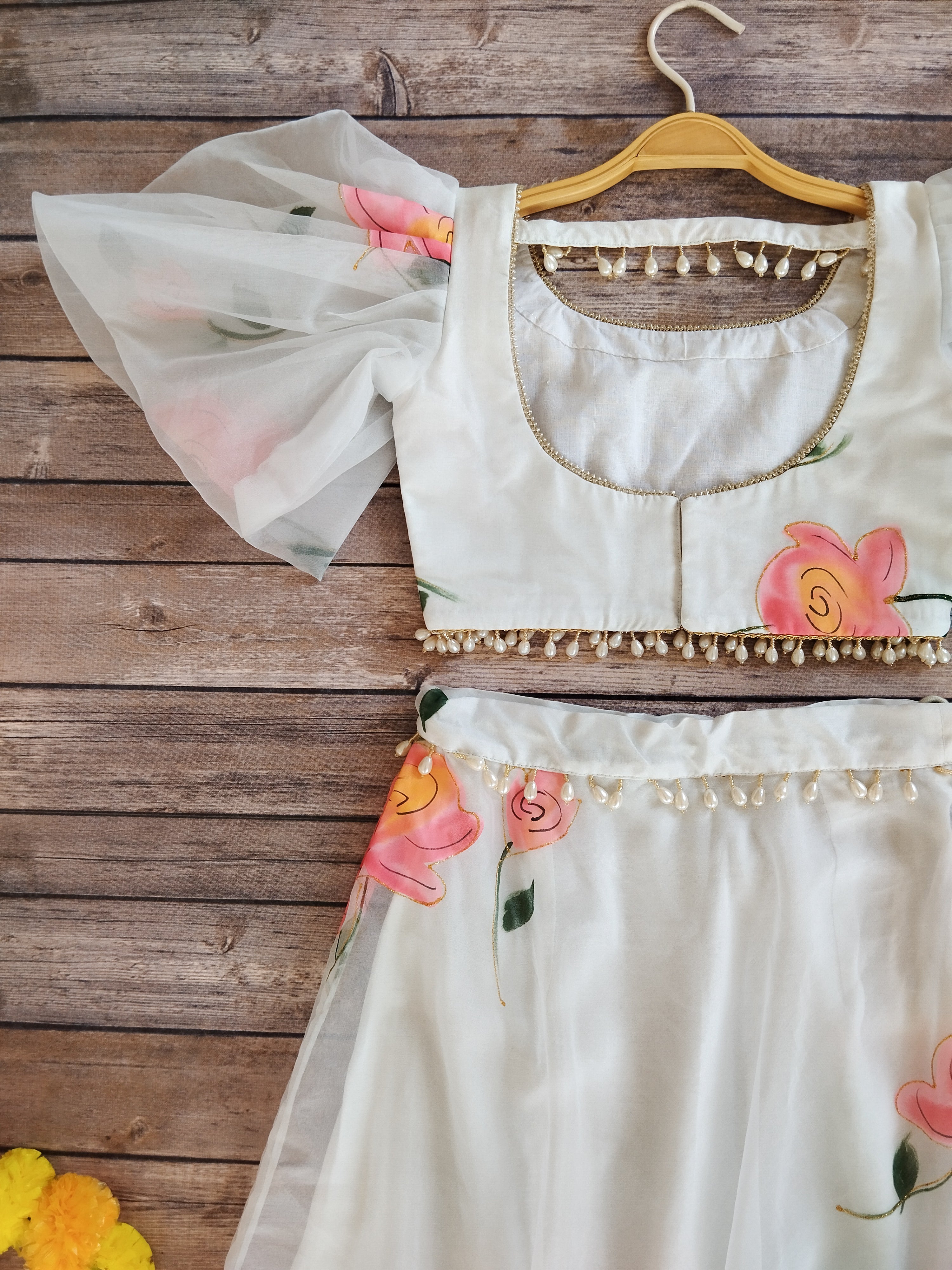 Sky Blue Handpainted Organza Kid's Lehenga