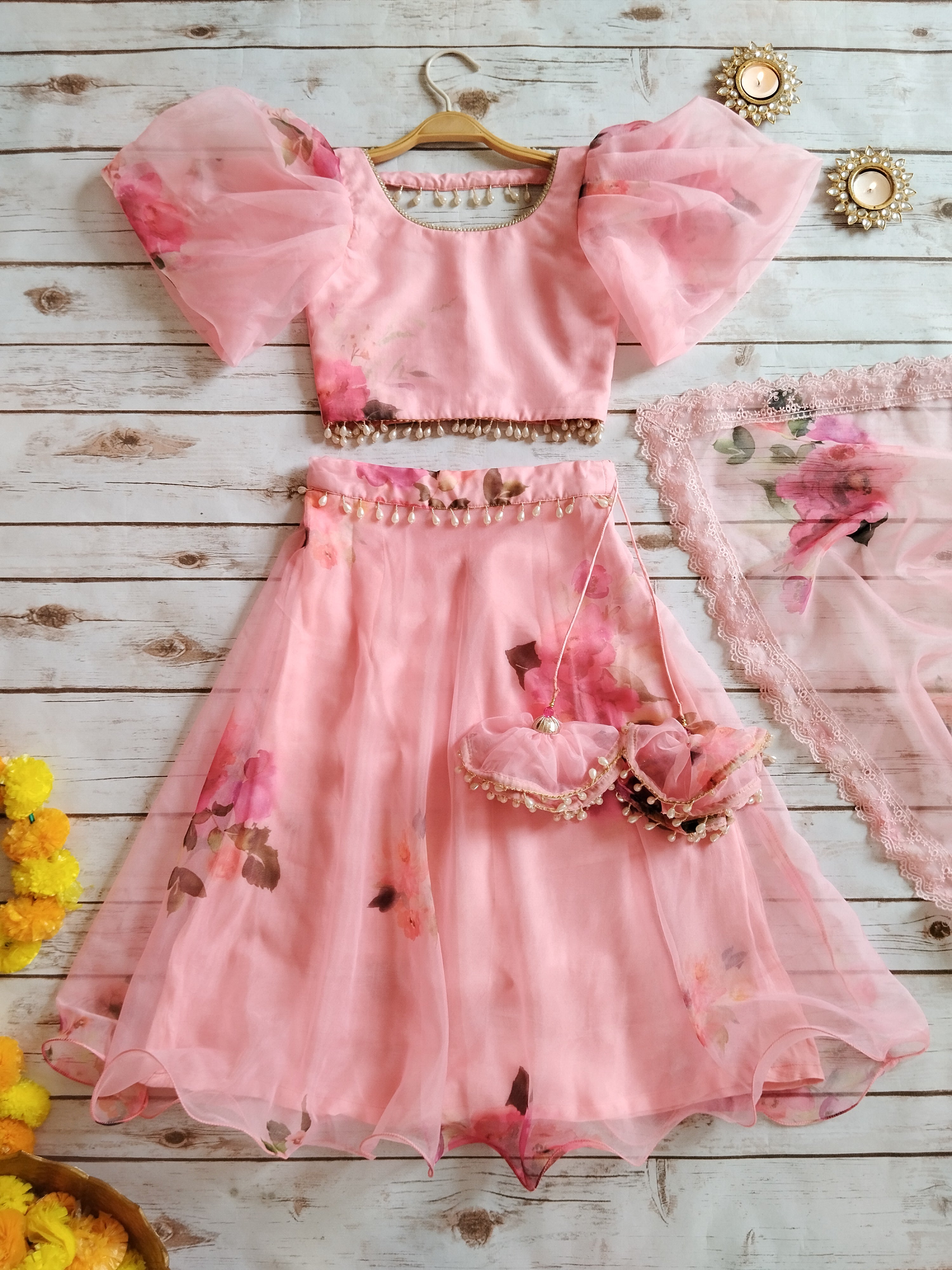 Blush Pink Floral Organza Kid's Lehenga