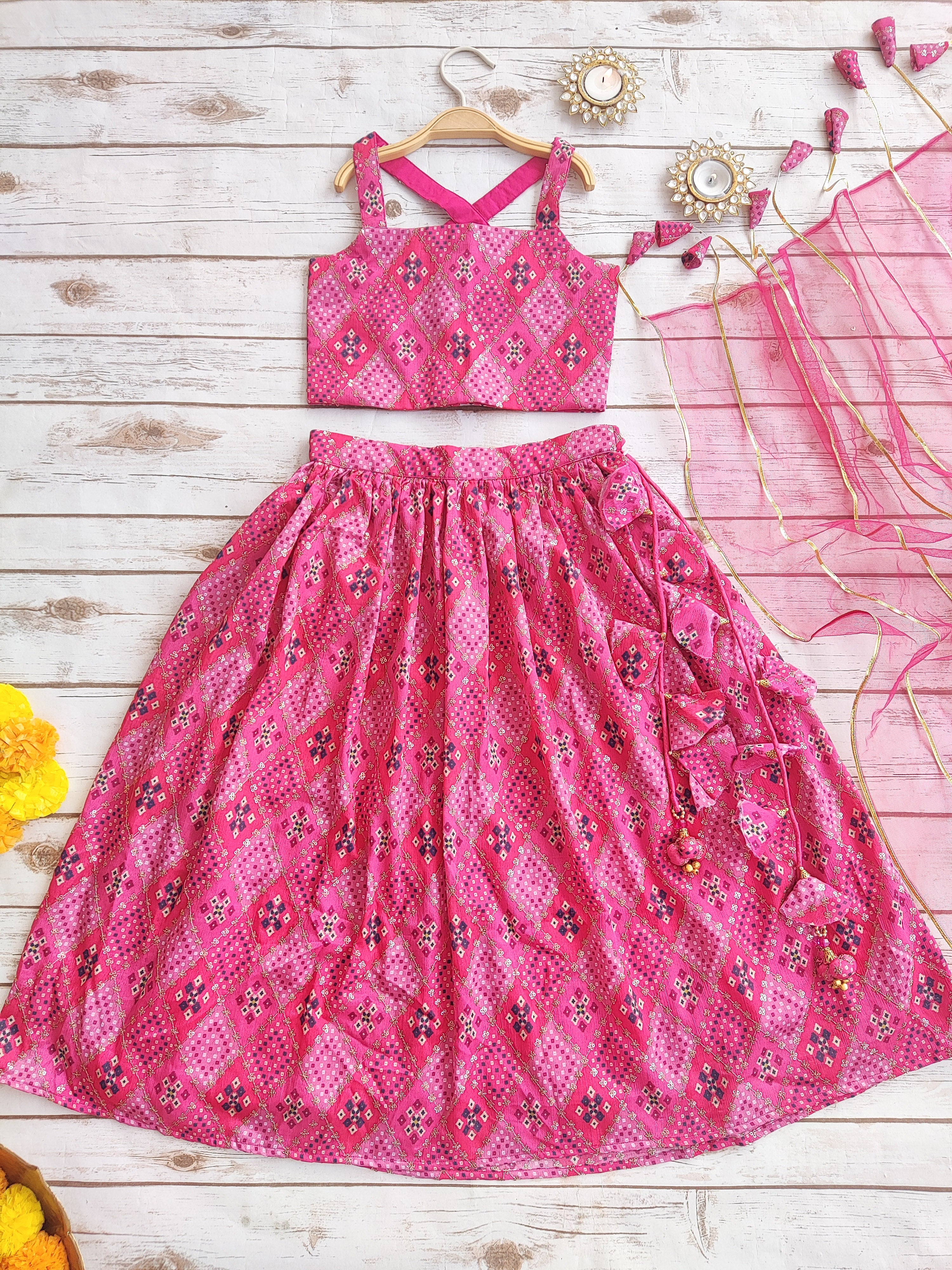 Pink Bandhej Kids Lehenga
