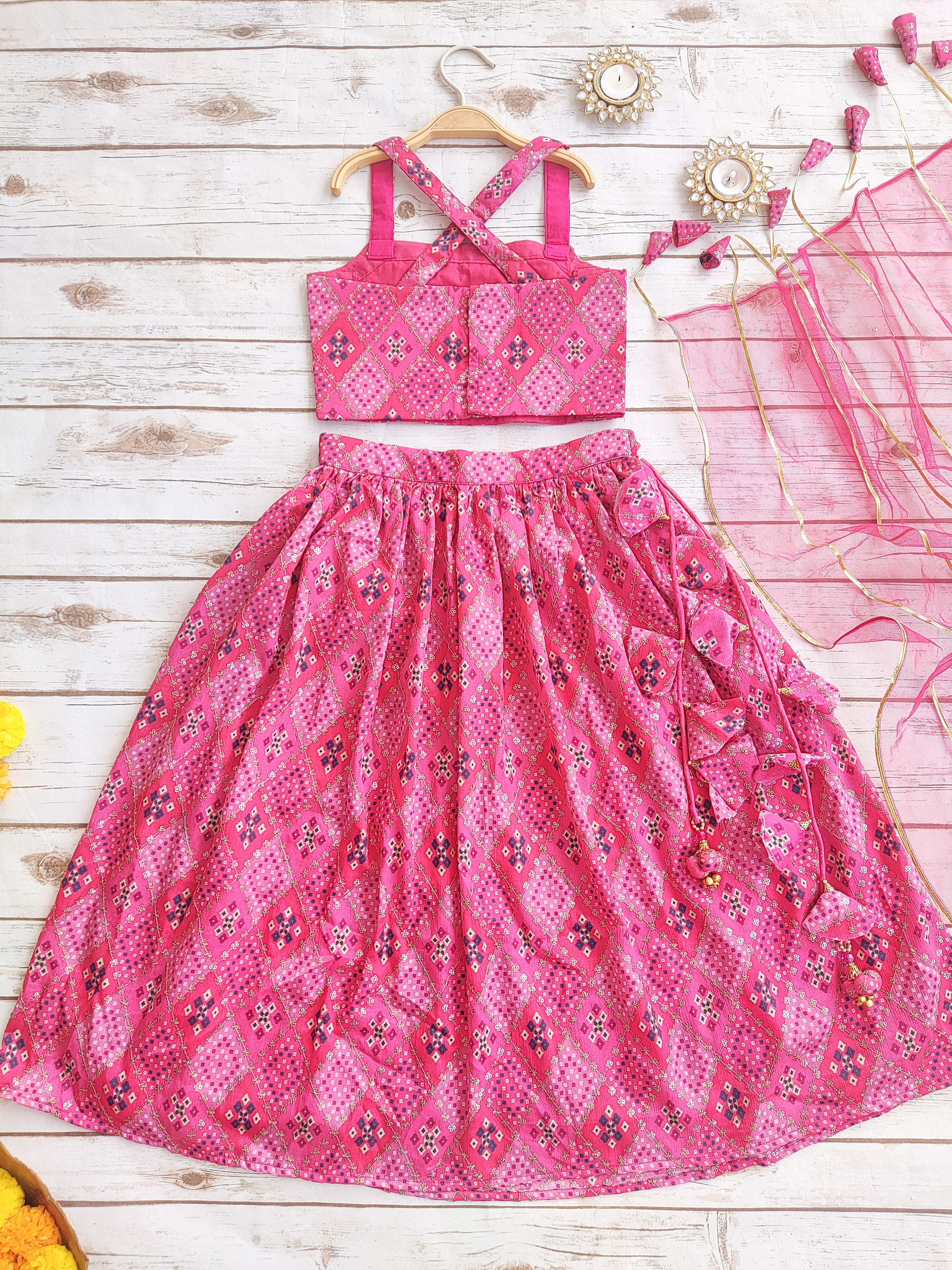 Pink Bandhej Kids Lehenga