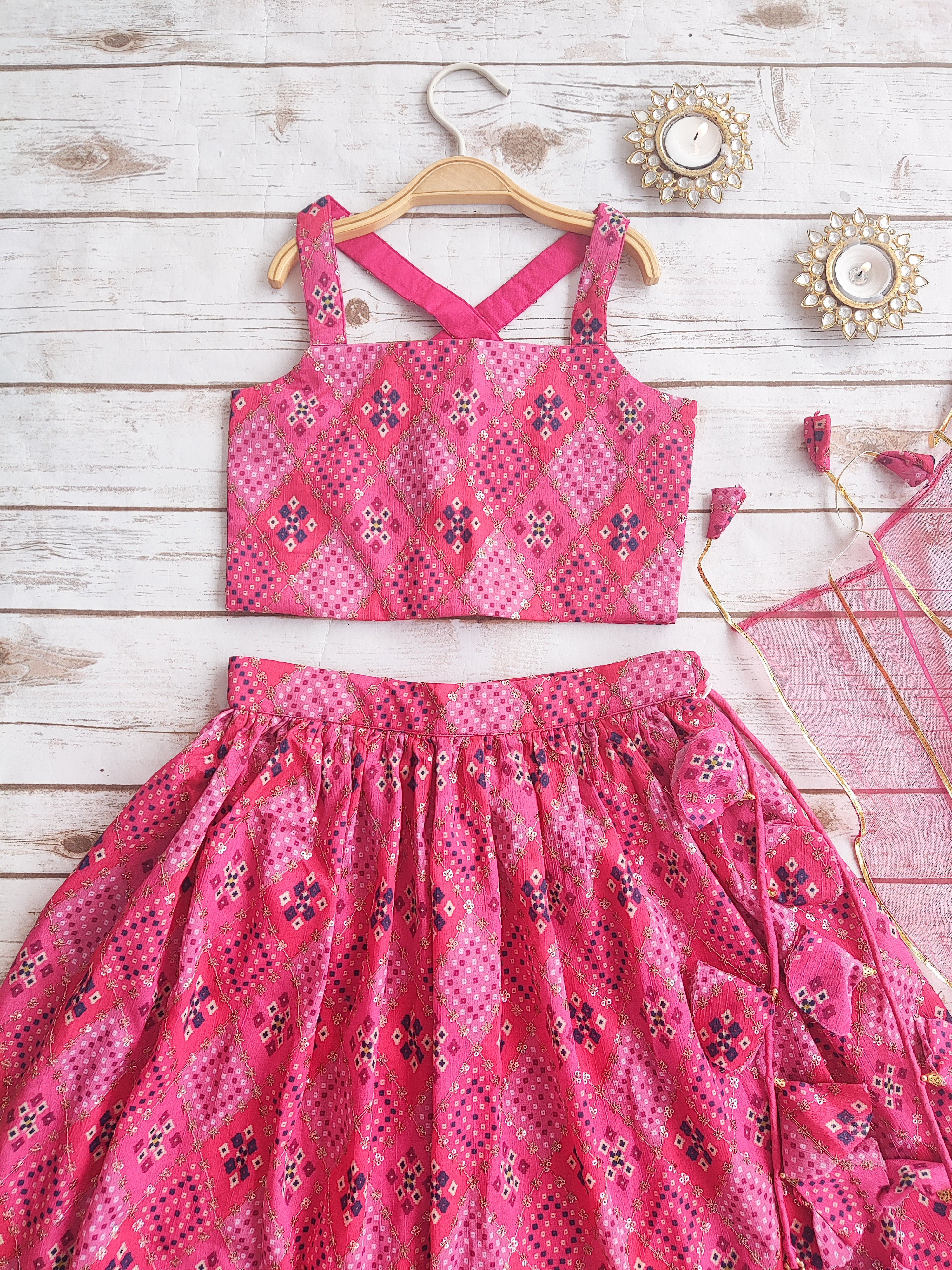 Pink Bandhej Kids Lehenga