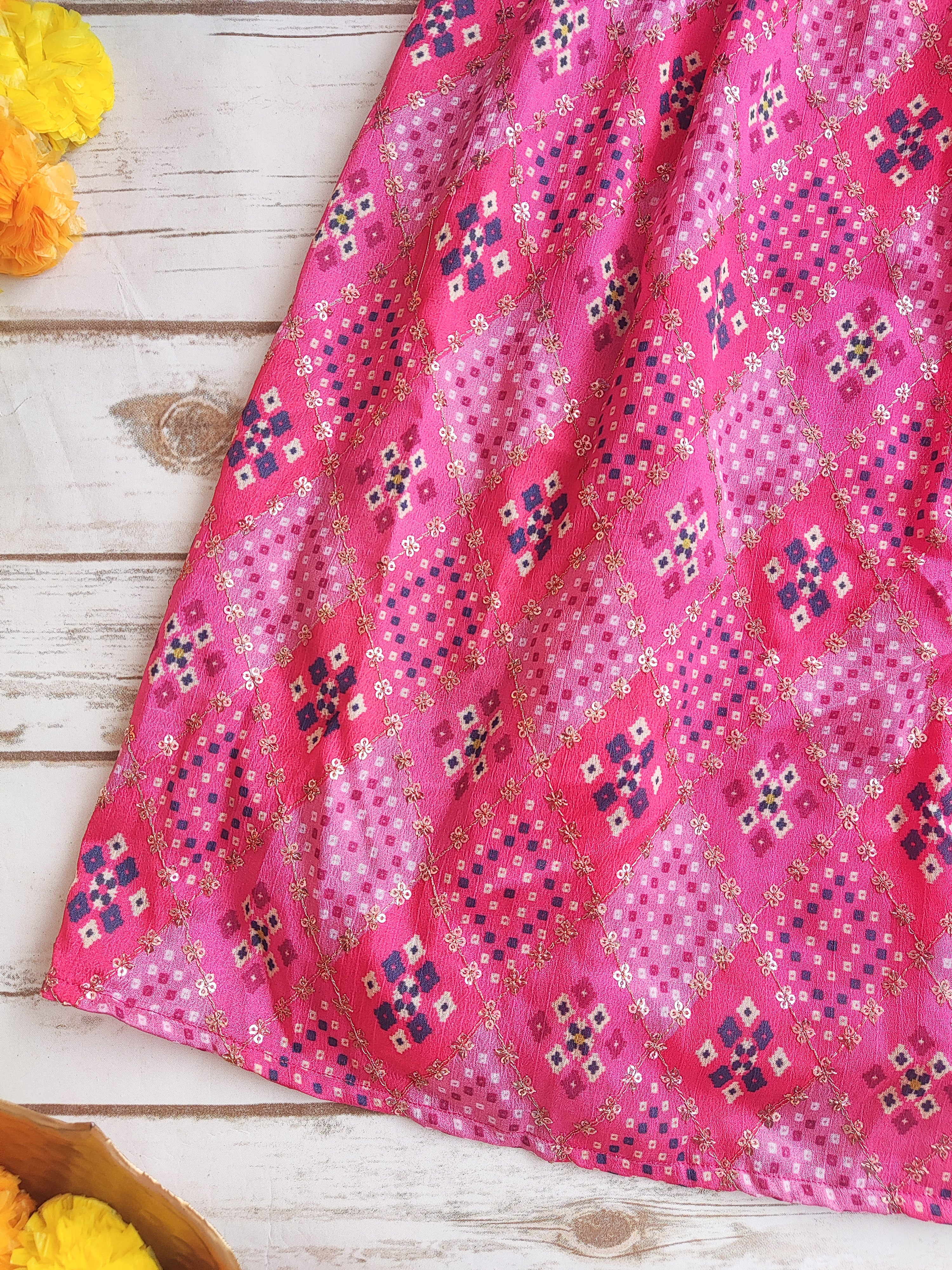 Pink Bandhej Kids Lehenga