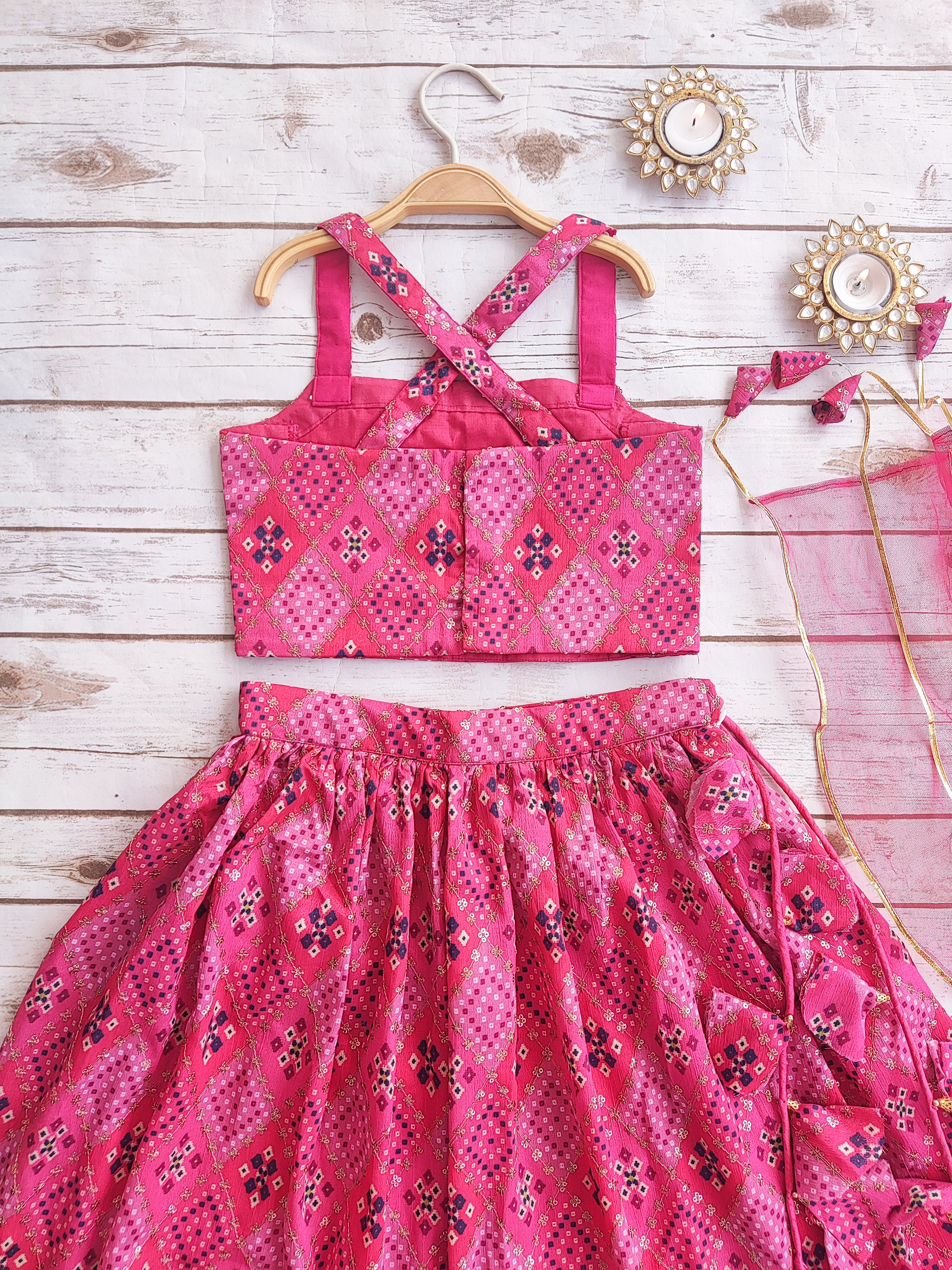 Pink Bandhej Kids Lehenga