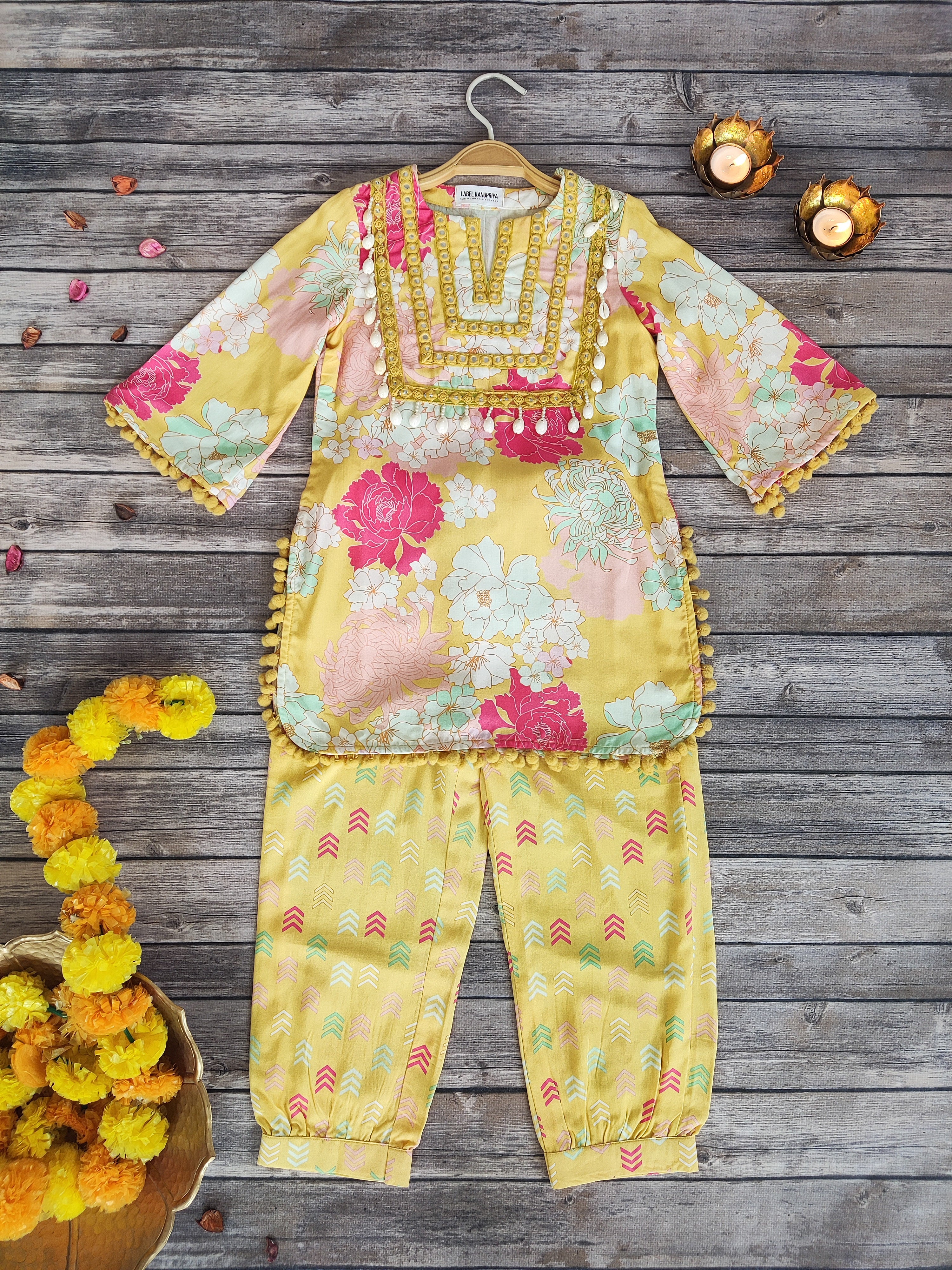 Yellow Printed Mirrorwork Kid's Co-ord Set