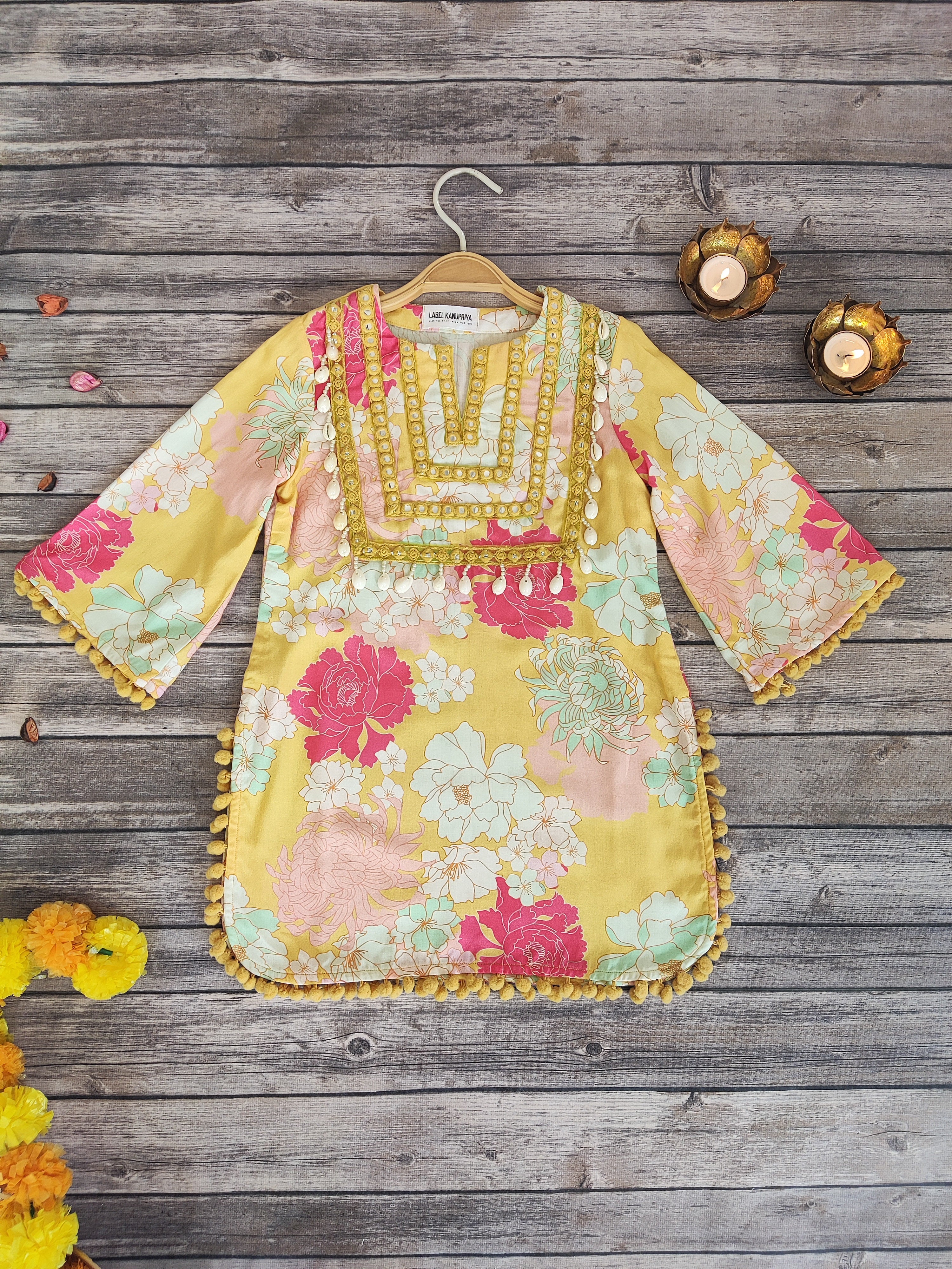 Yellow Printed Mirrorwork Kid's Co-ord Set