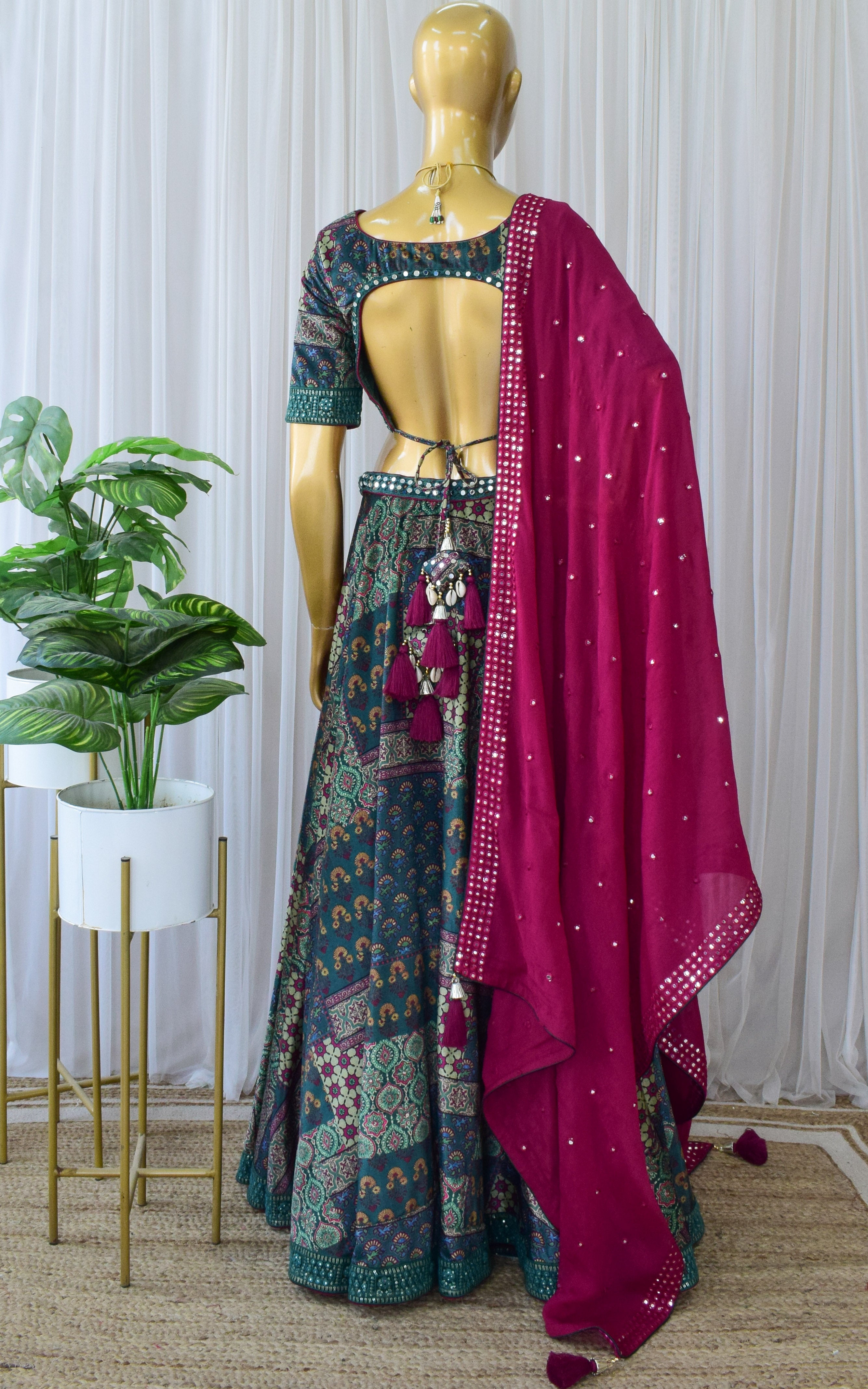 Emerald Green Velvet Mirrorwork Lehenga Set