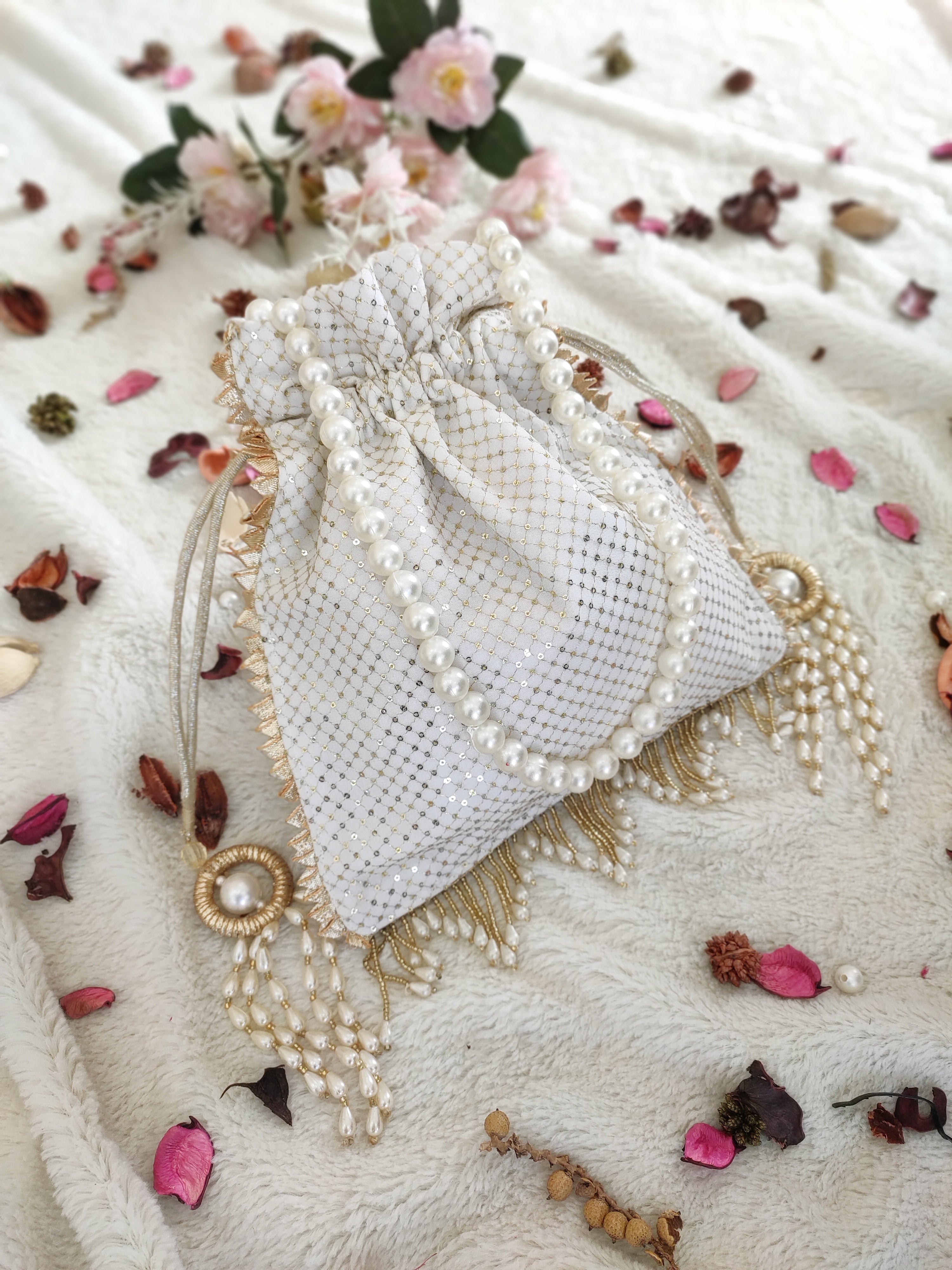 White Golden Sequinned Georgette Potli Bag
