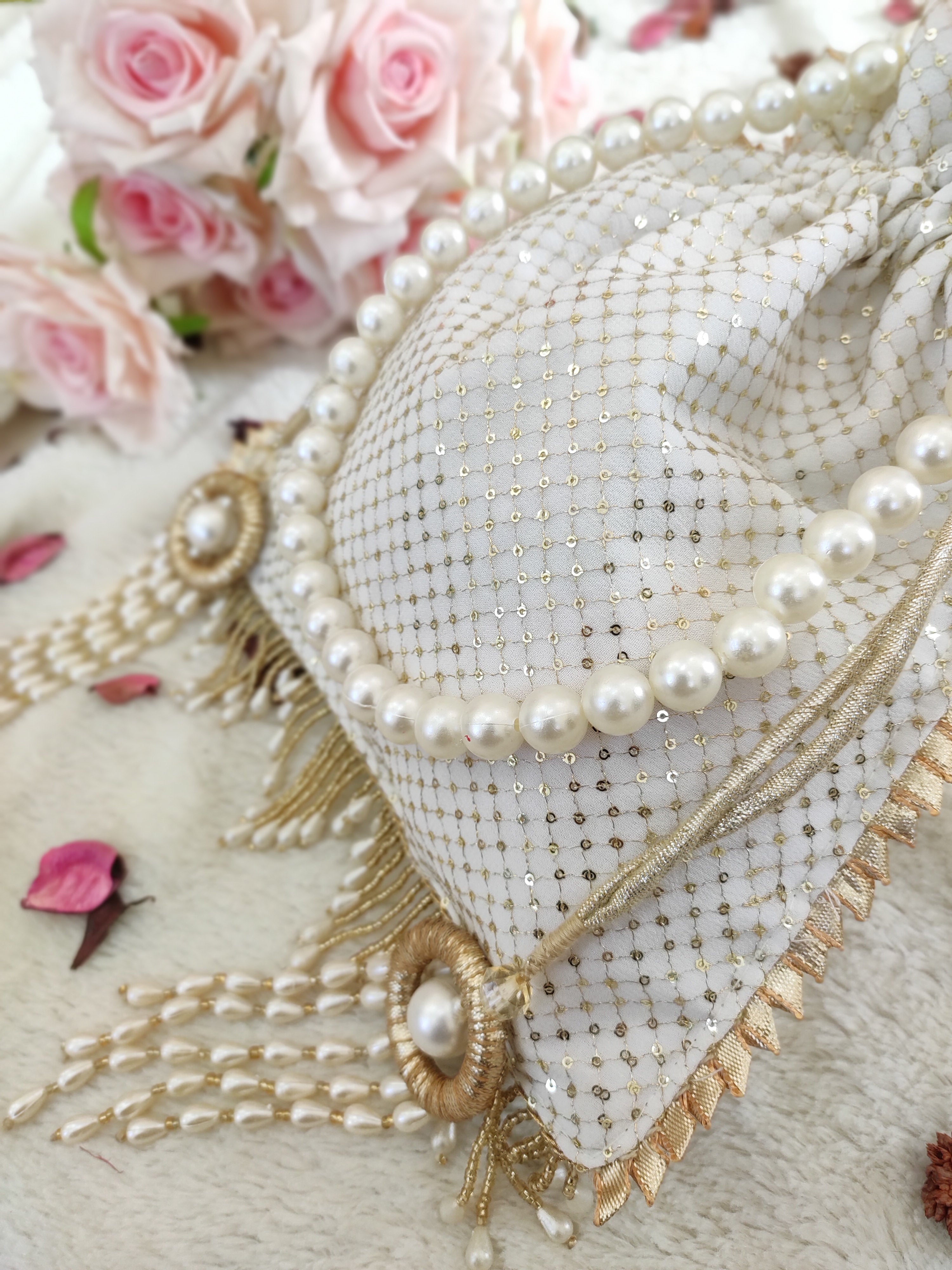 White Golden Sequinned Georgette Potli Bag