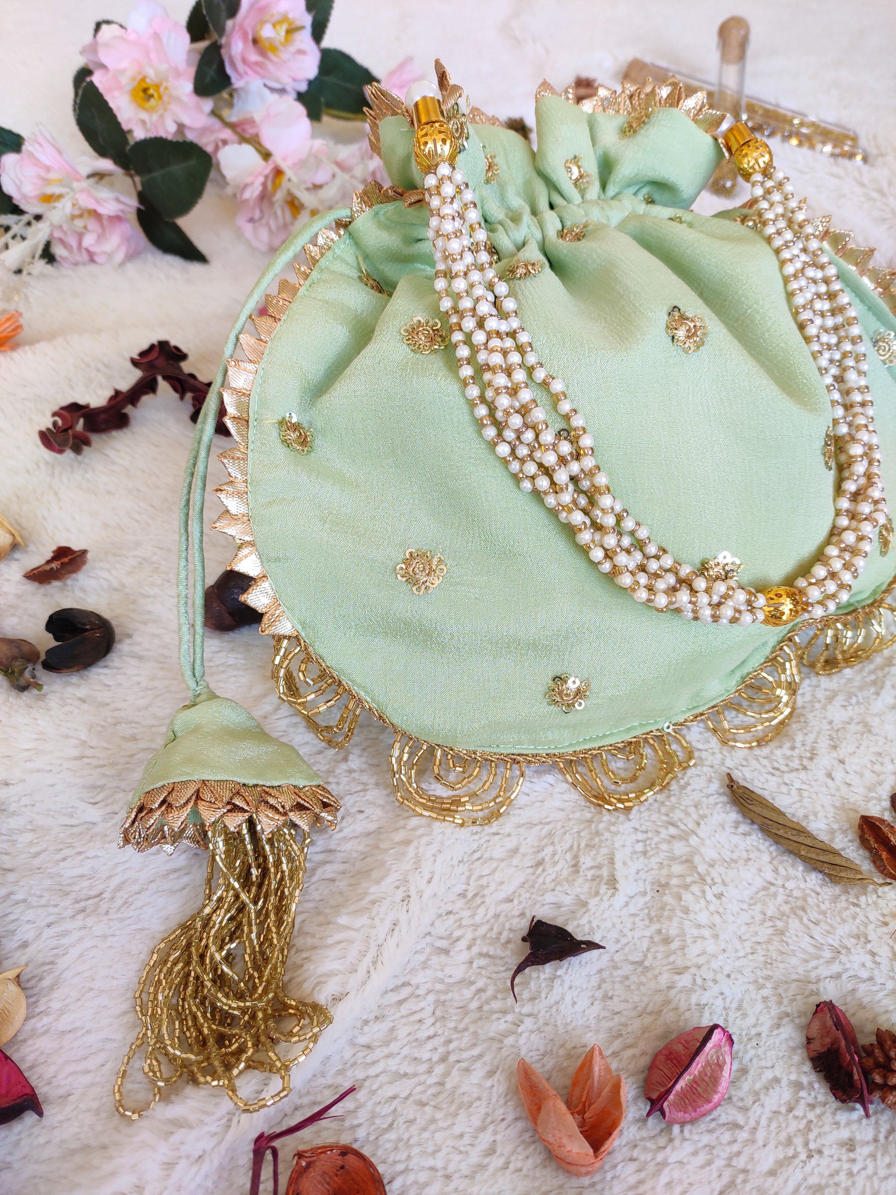 Sage Green Flower Emroidered Chinon Potli Bag