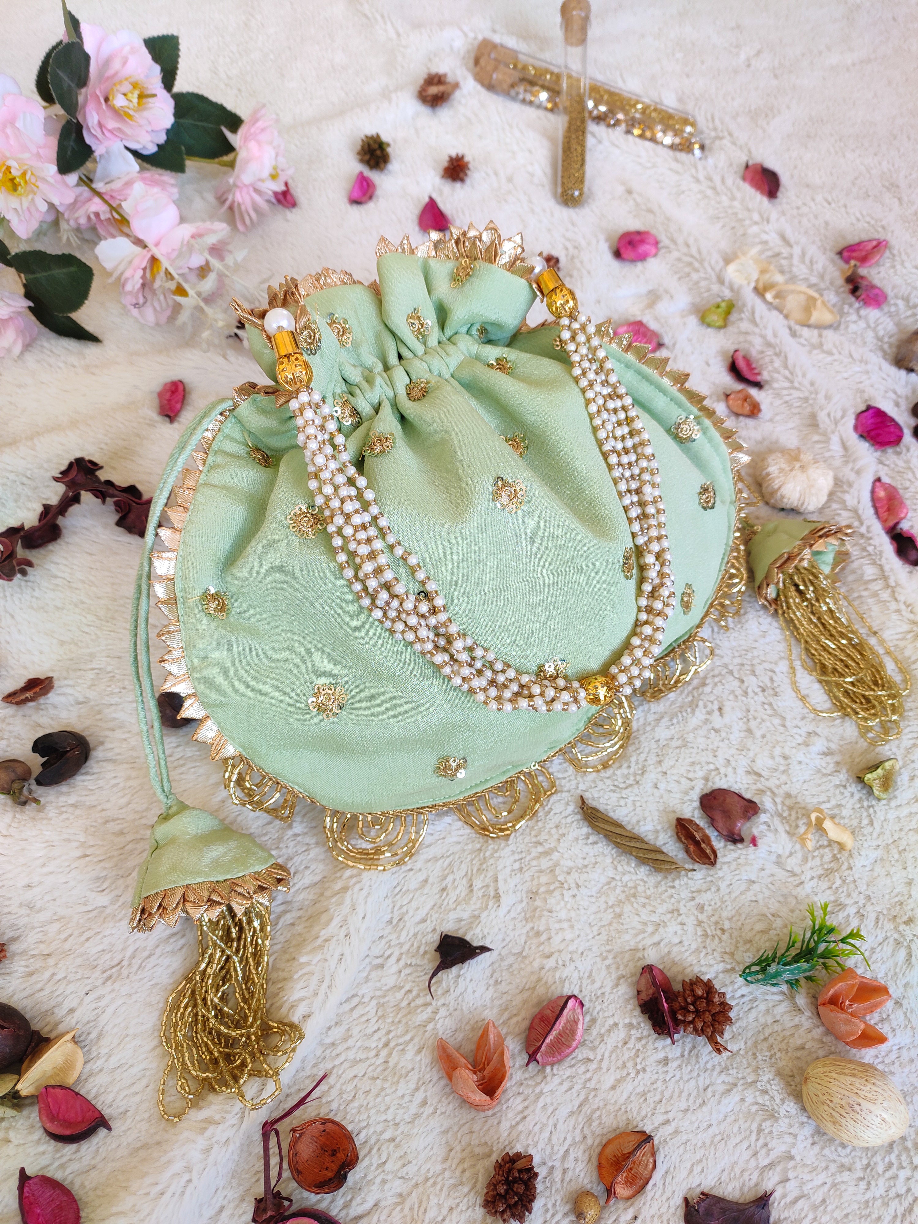 Sage Green Flower Emroidered Chinon Potli Bag