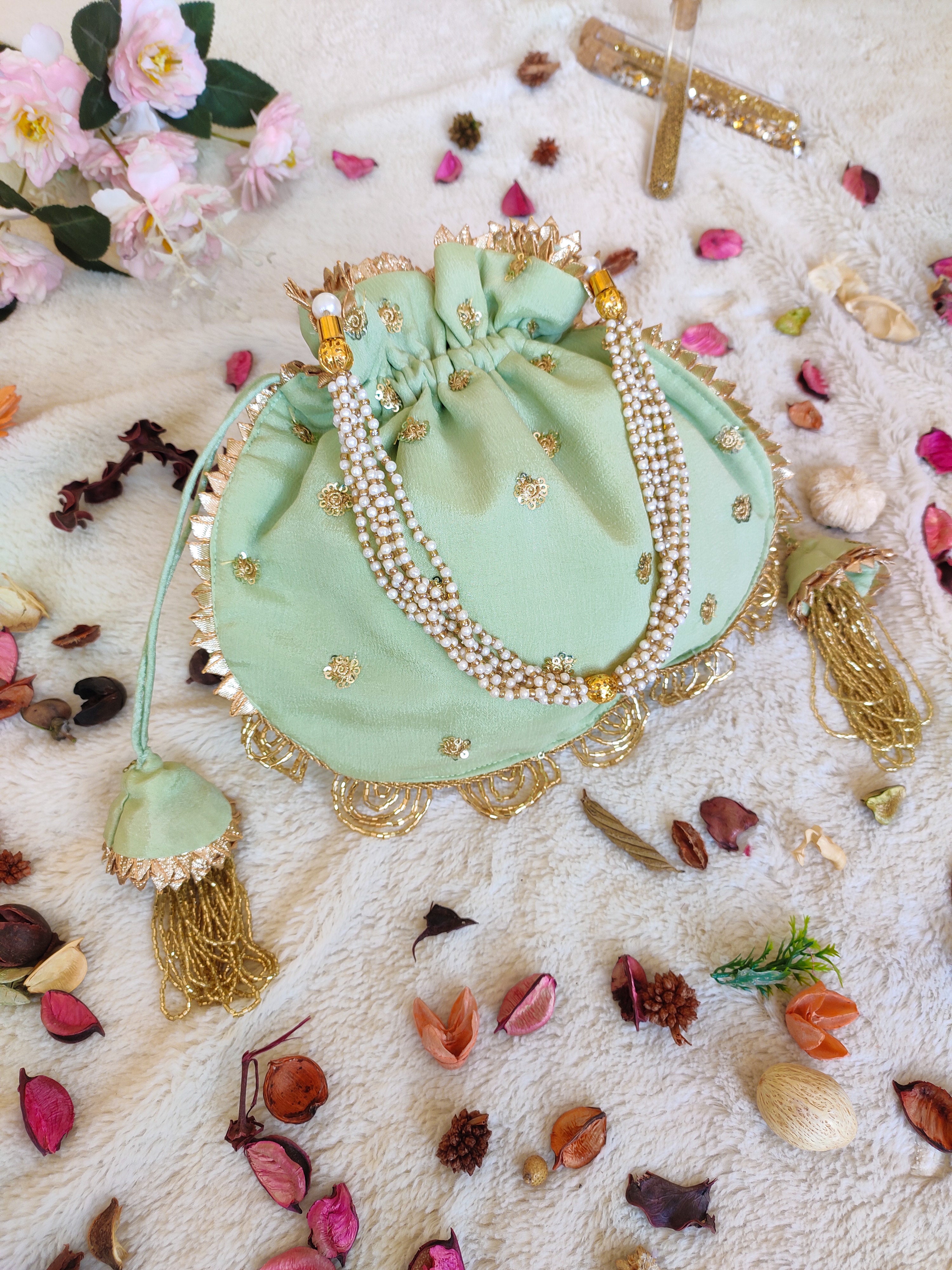 Sage Green Flower Emroidered Chinon Potli Bag