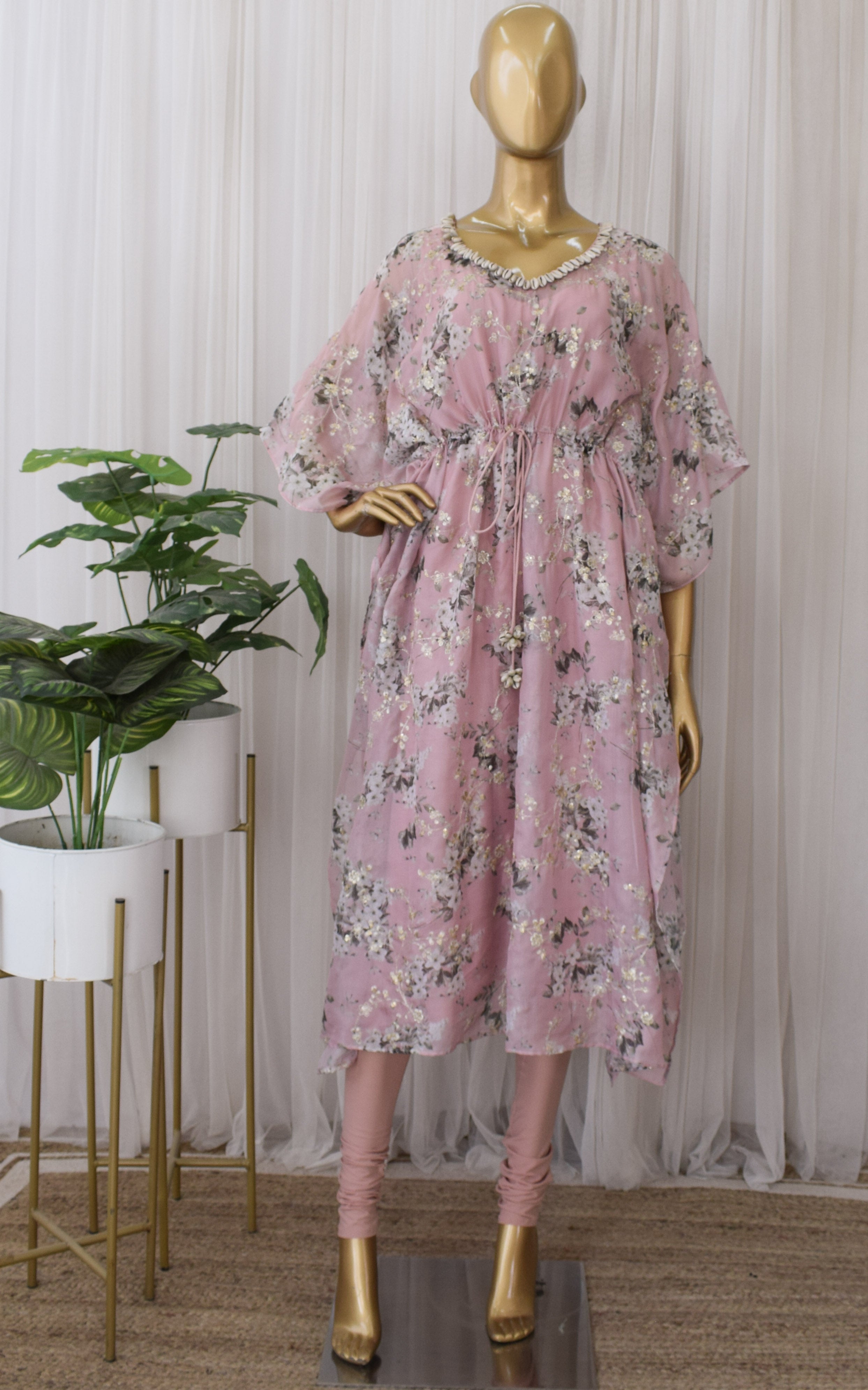 Buff Pink Sequins Work Tabby Organza Kaftan Set
