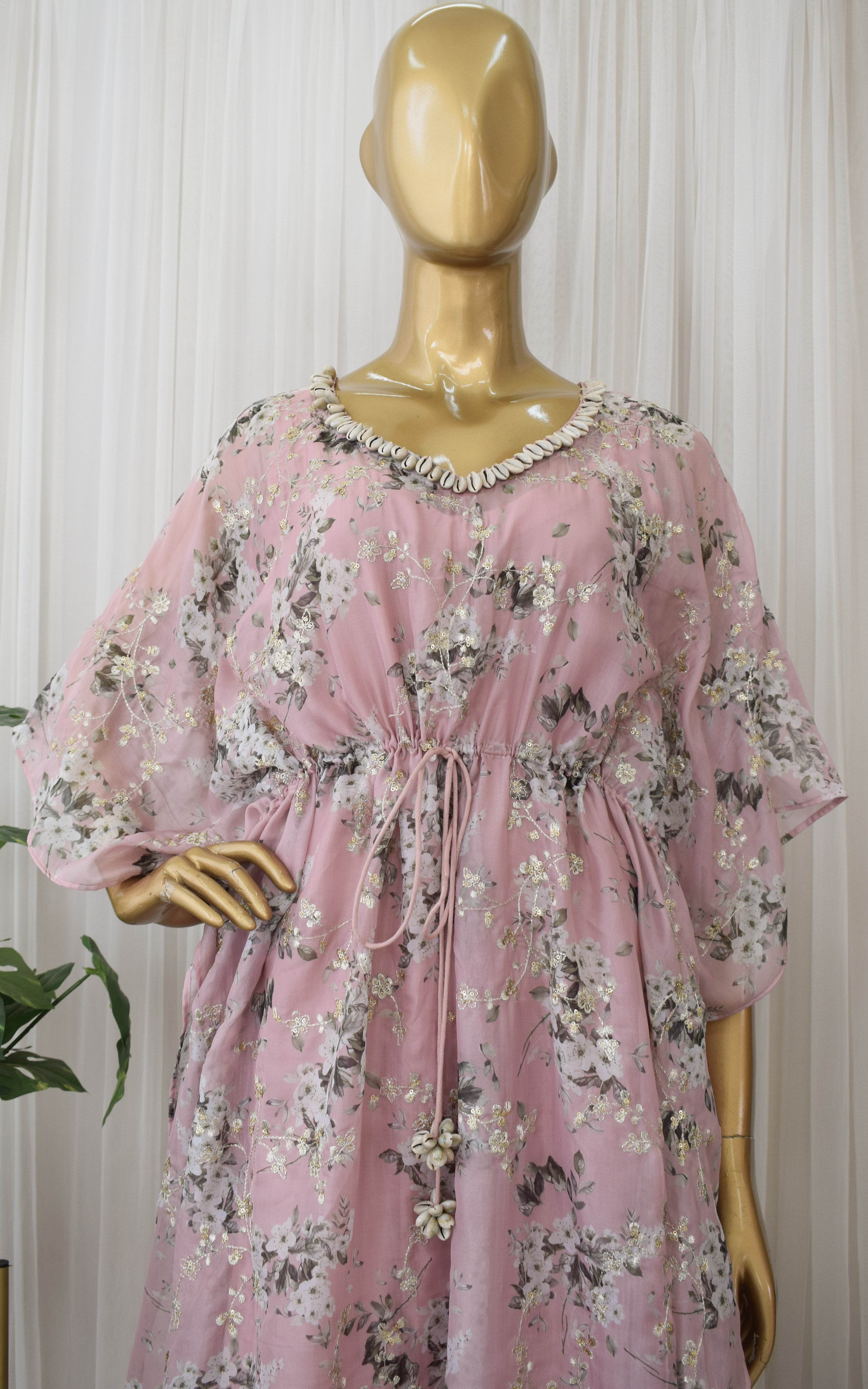 Buff Pink Sequins Work Tabby Organza Kaftan Set