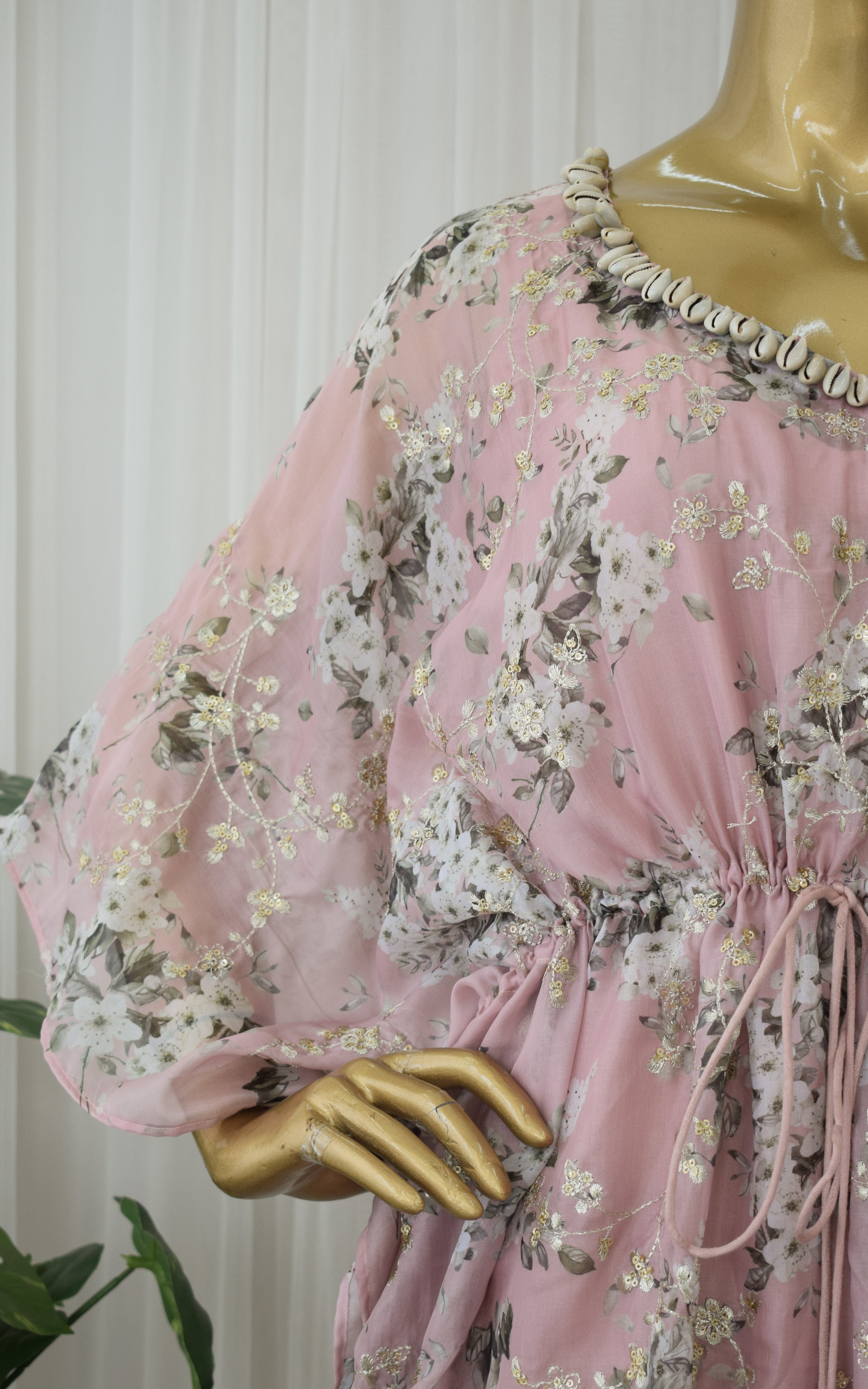 Buff Pink Sequins Work Tabby Organza Kaftan Set