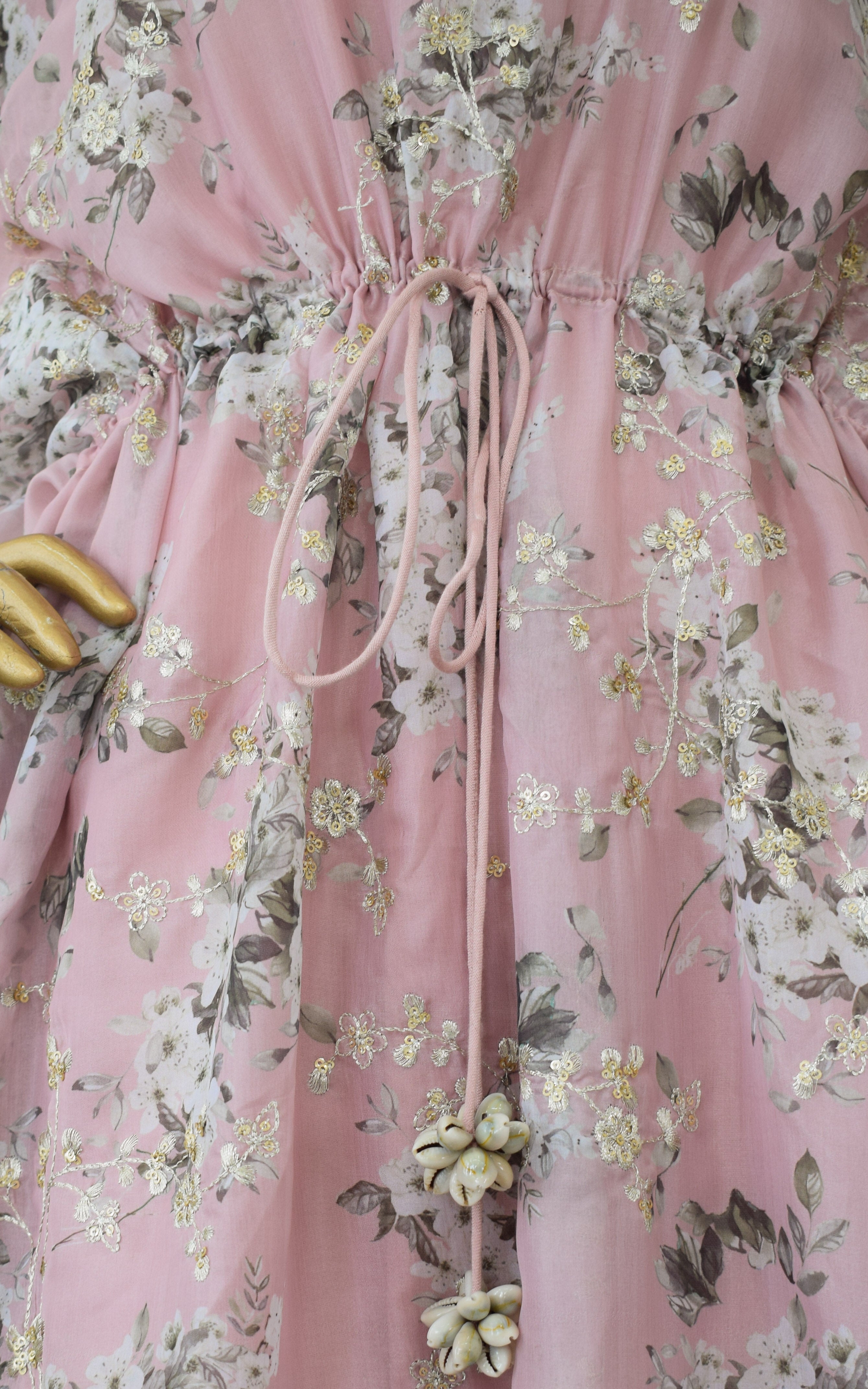 Buff Pink Sequins Work Tabby Organza Kaftan Set