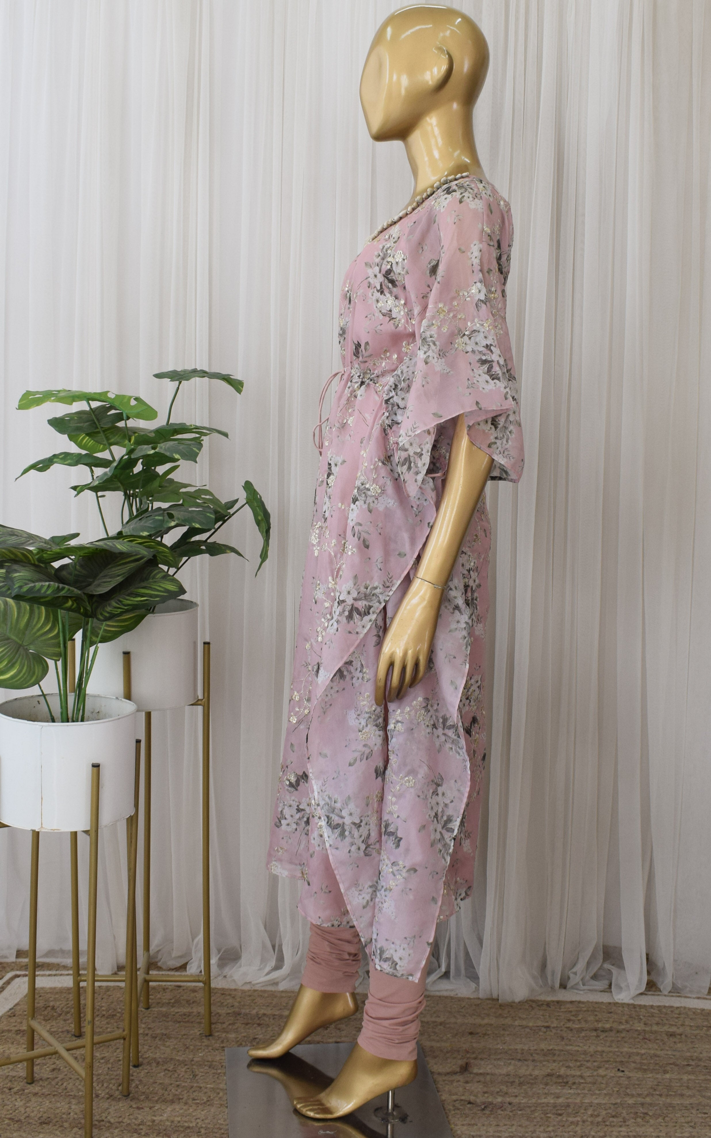 Buff Pink Sequins Work Tabby Organza Kaftan Set