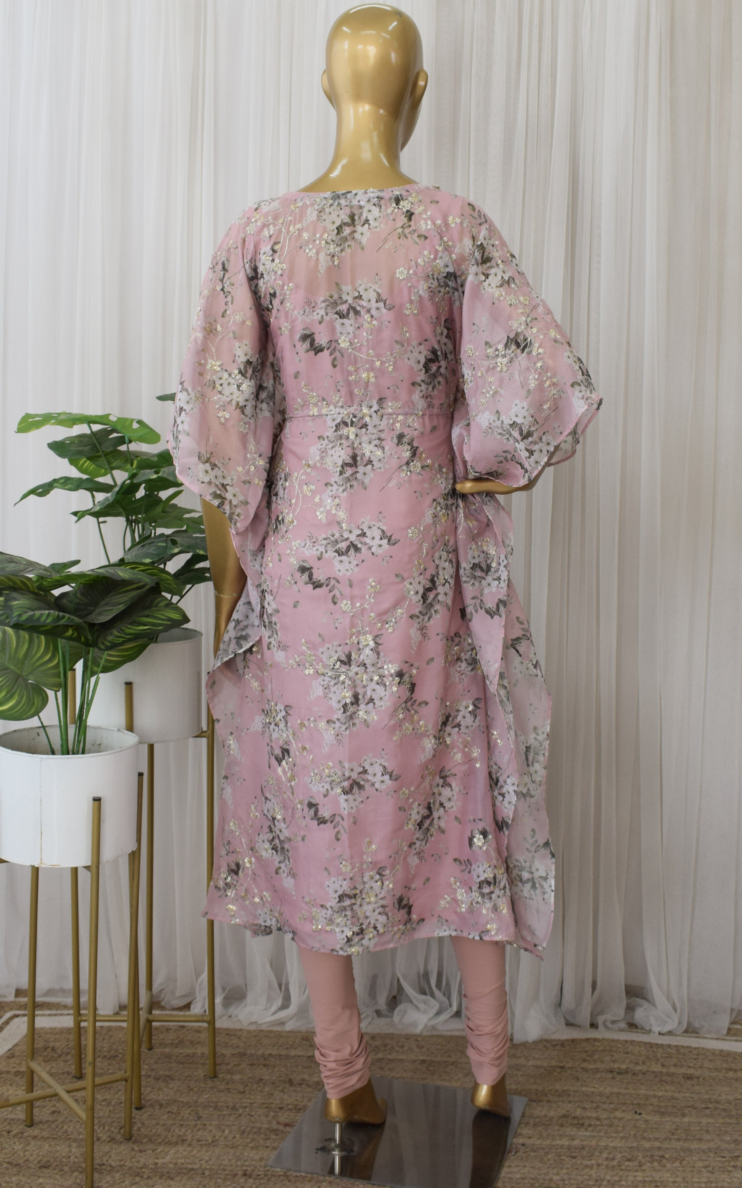 Buff Pink Sequins Work Tabby Organza Kaftan Set