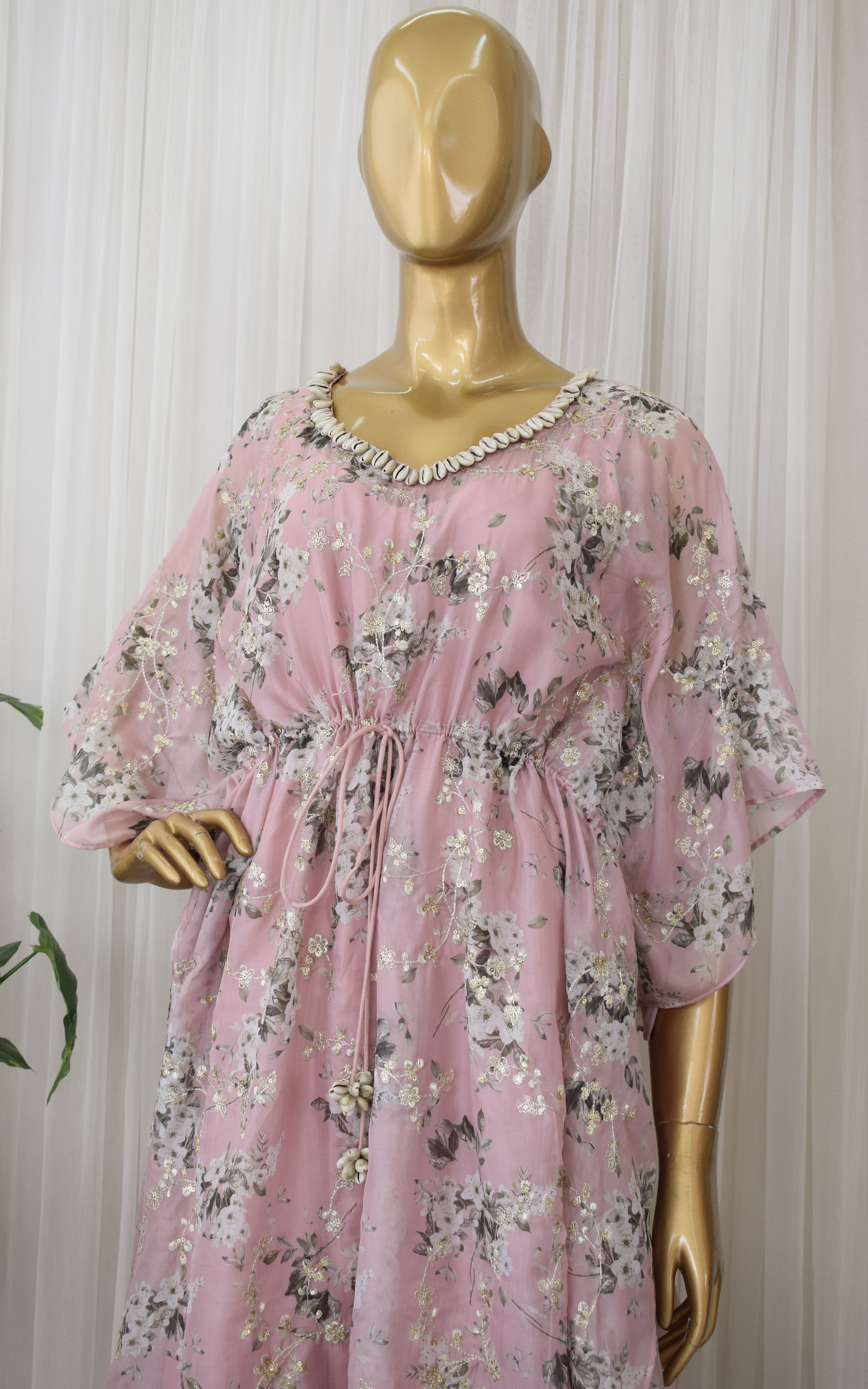 Buff Pink Sequins Work Tabby Organza Kaftan Set