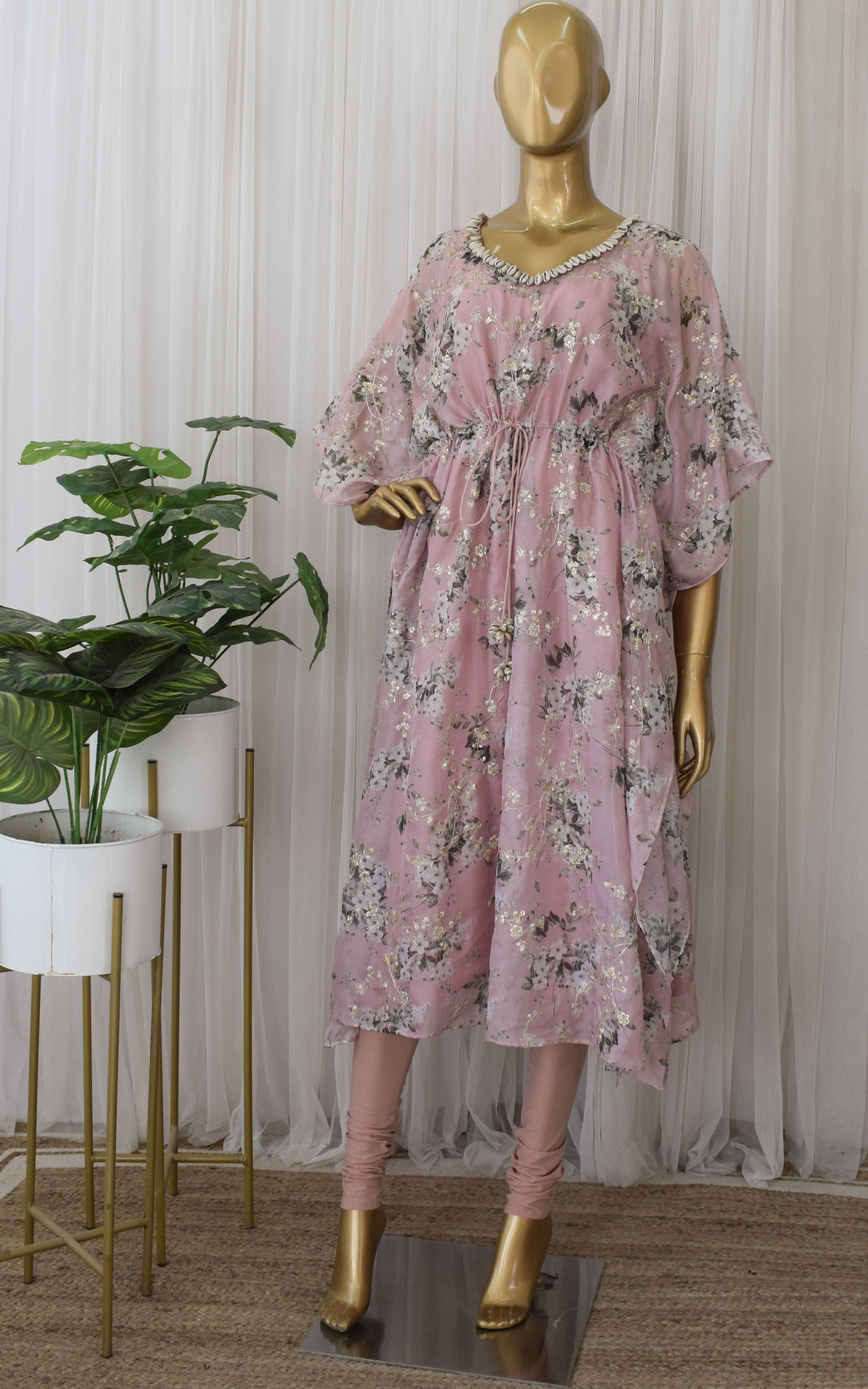 Buff Pink Sequins Work Tabby Organza Kaftan Set