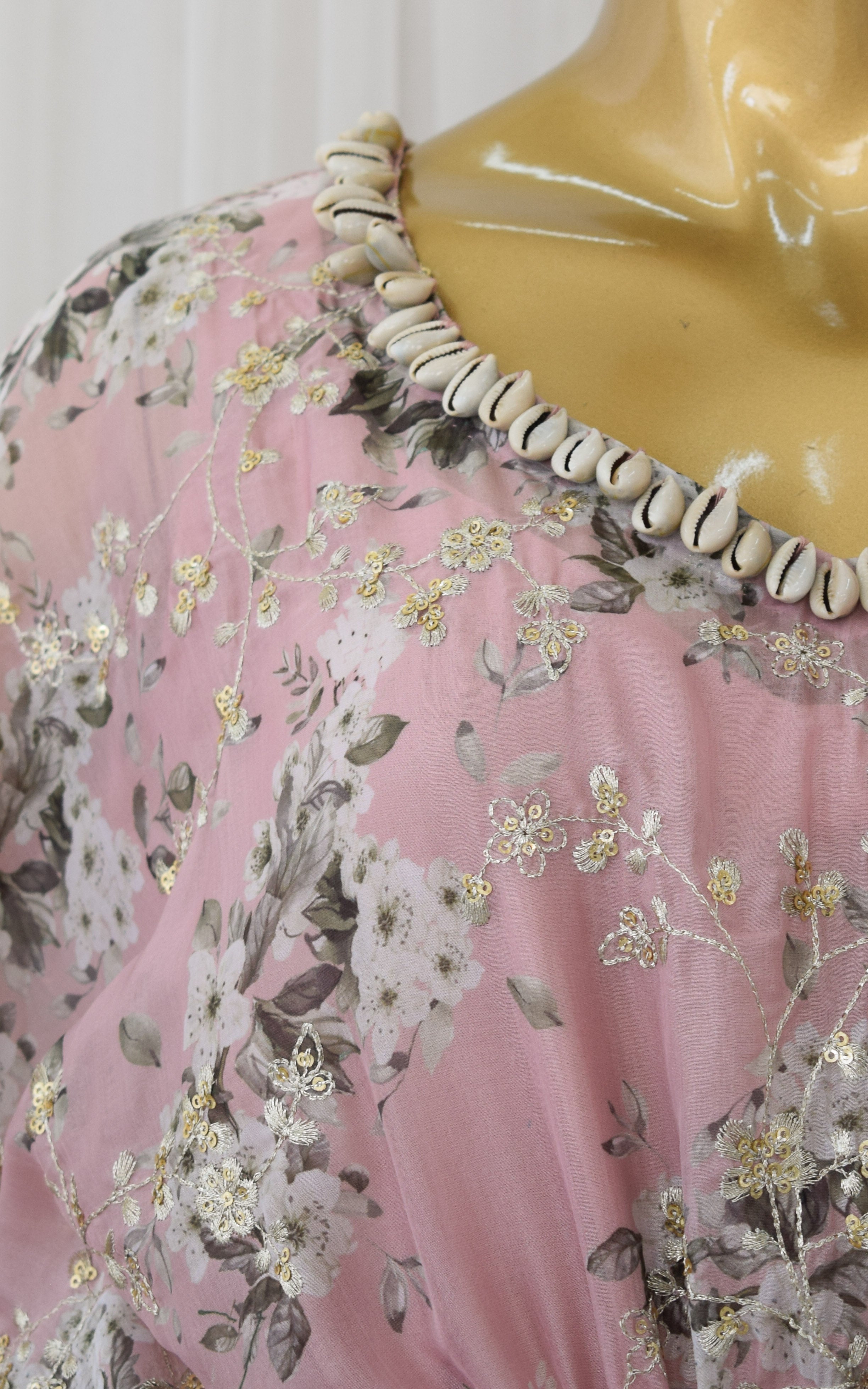 Buff Pink Sequins Work Tabby Organza Kaftan Set