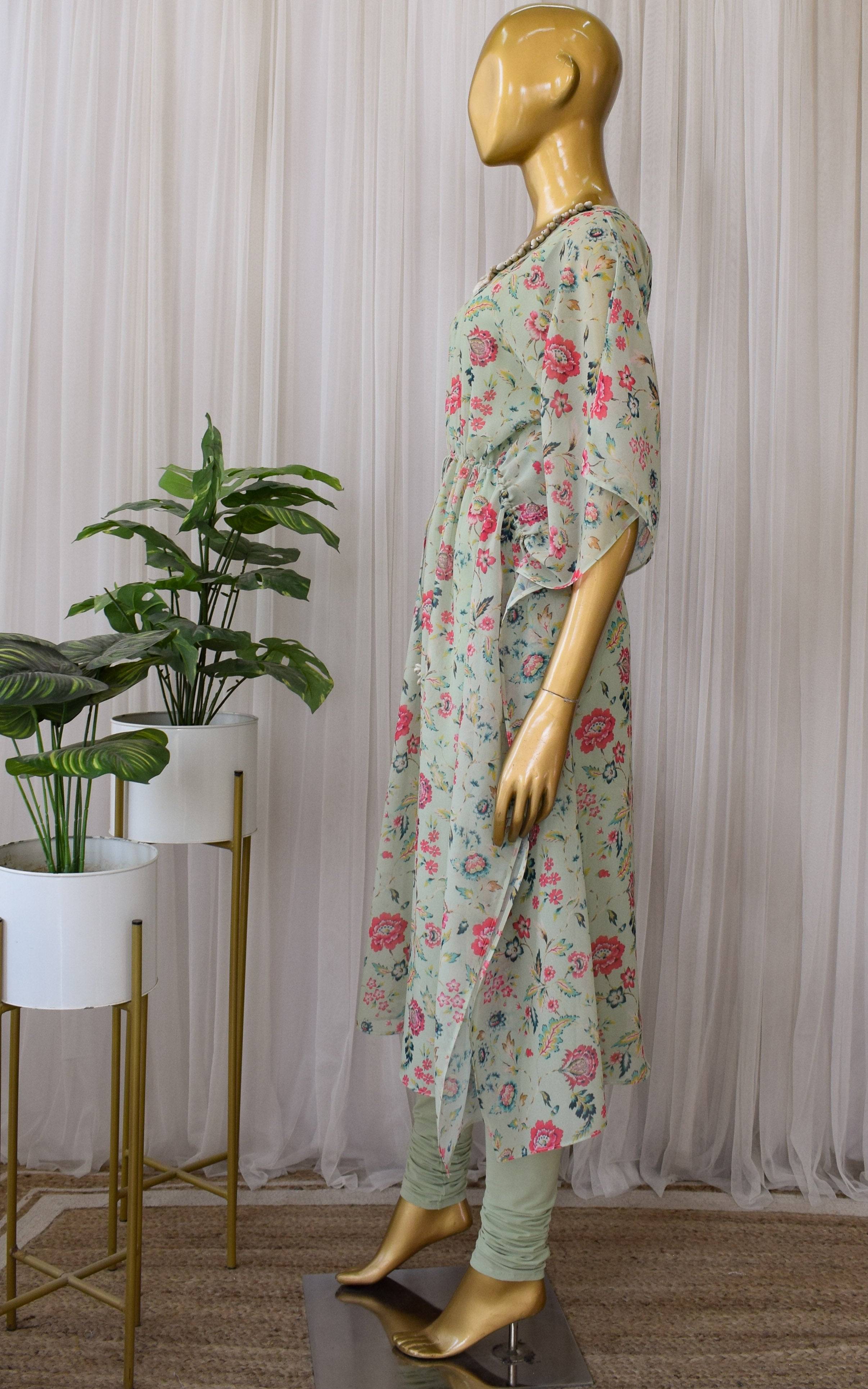 Sage Green Floral Printed Georgette Kaftan Set