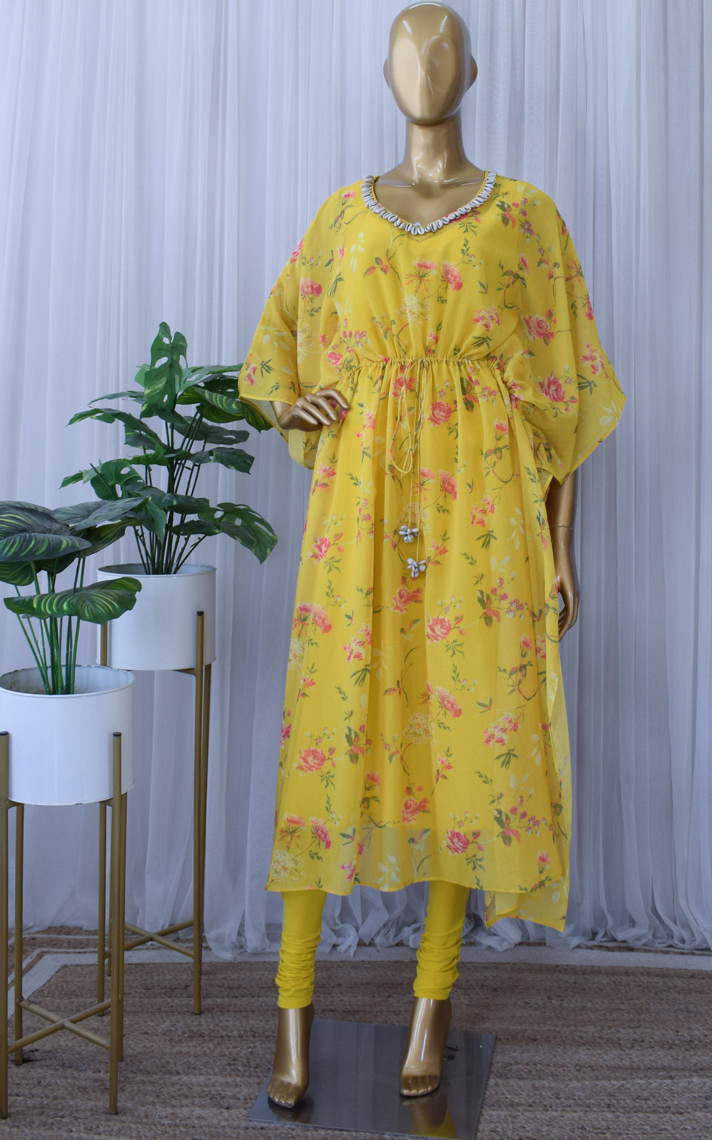 Mustard Yellow Printed Georgette Kaftan Set