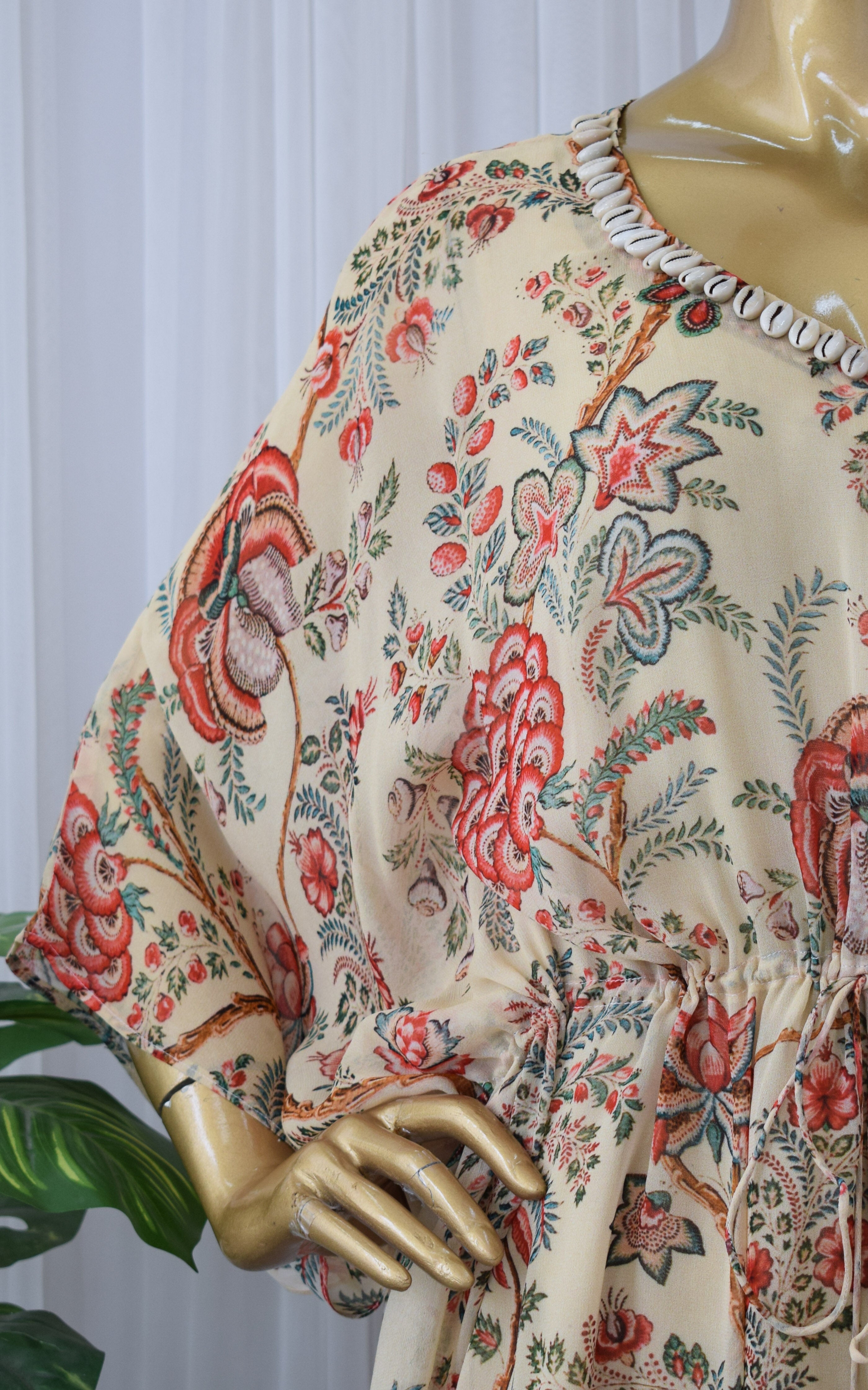 Beige Tropical Floral Printed Georgette Kaftan Set