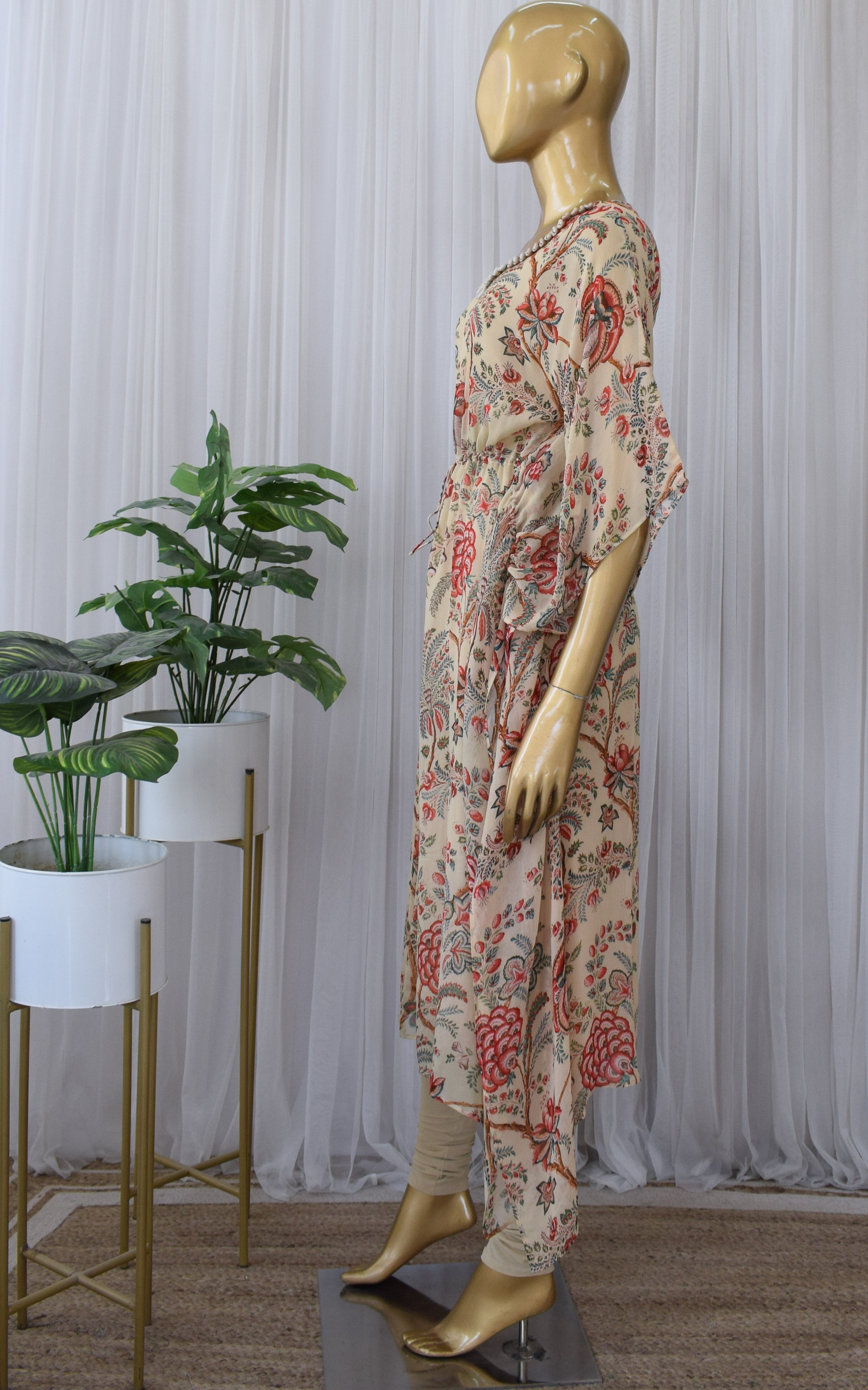 Beige Tropical Floral Printed Georgette Kaftan Set