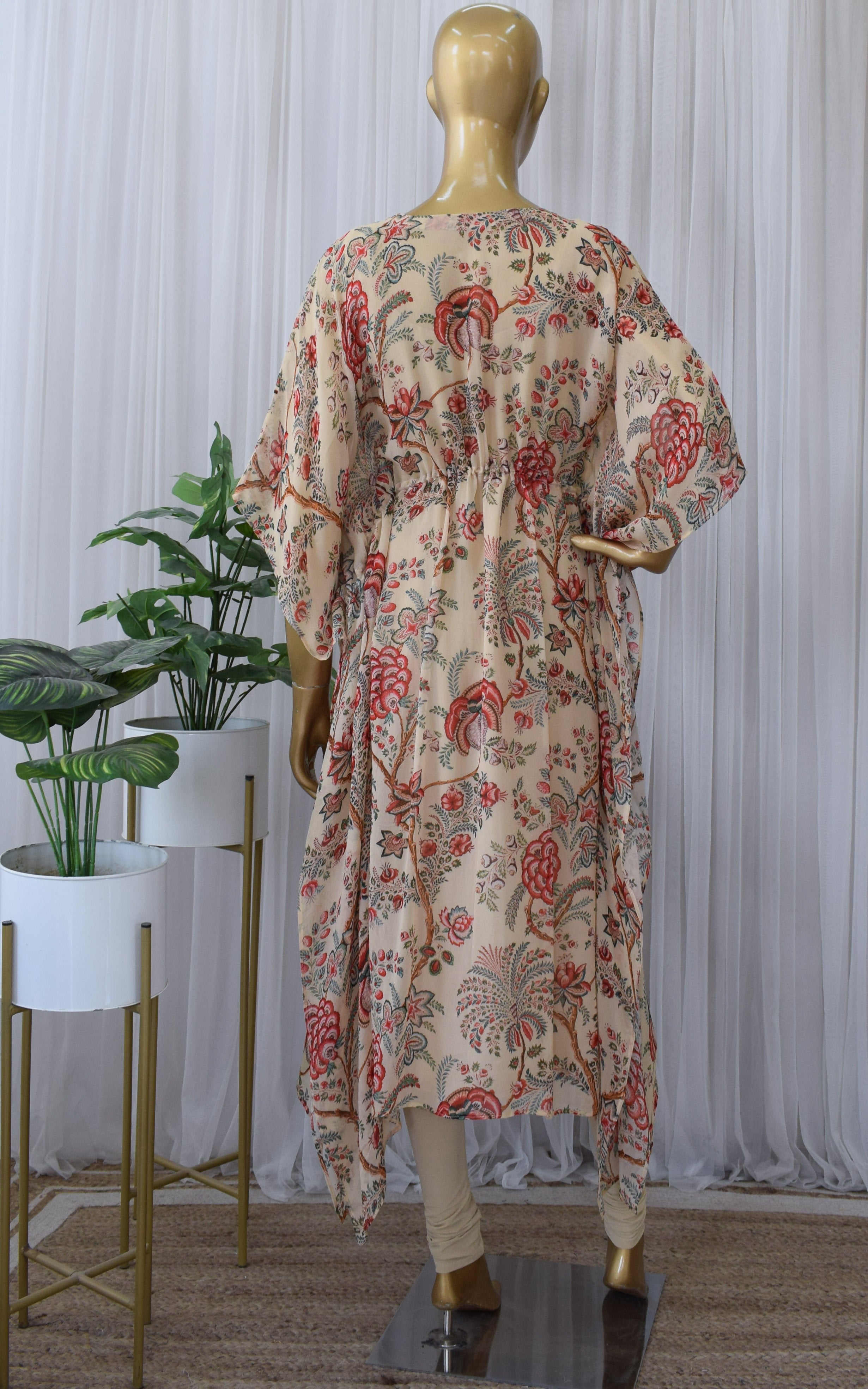 Beige Tropical Floral Printed Georgette Kaftan Set