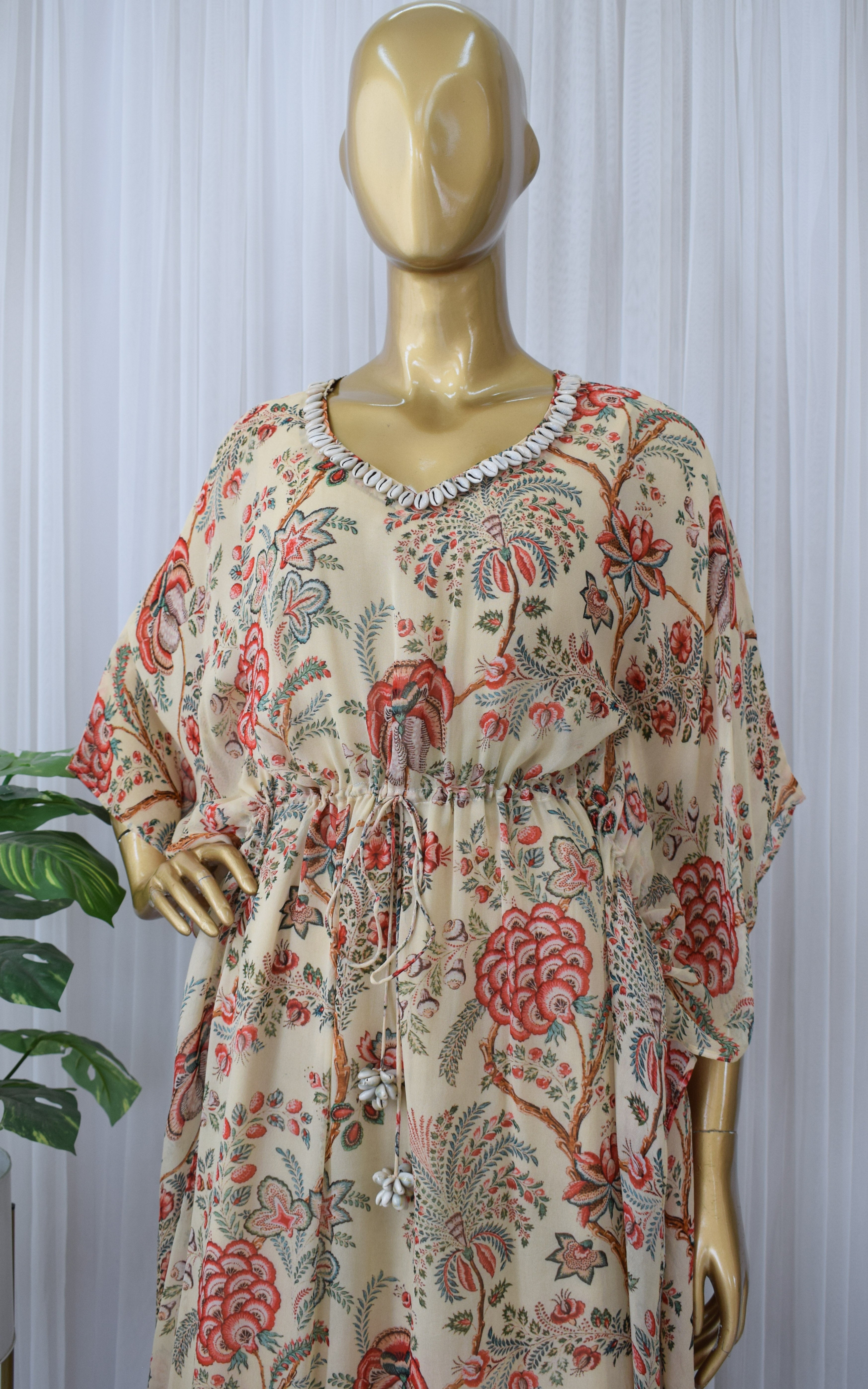 Beige Tropical Floral Printed Georgette Kaftan Set