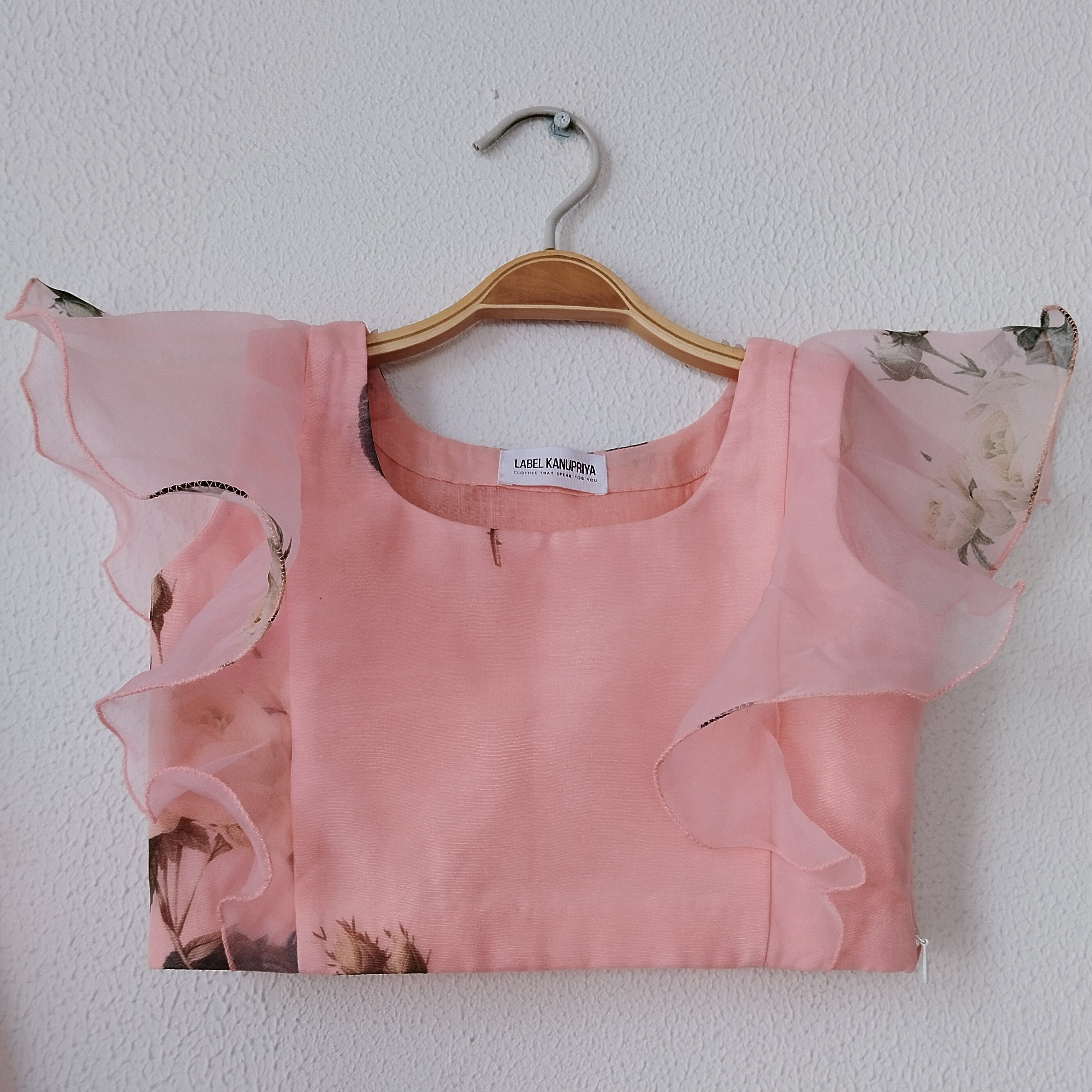 Peach Floral Organza Crop-Top Kids Sharara Set