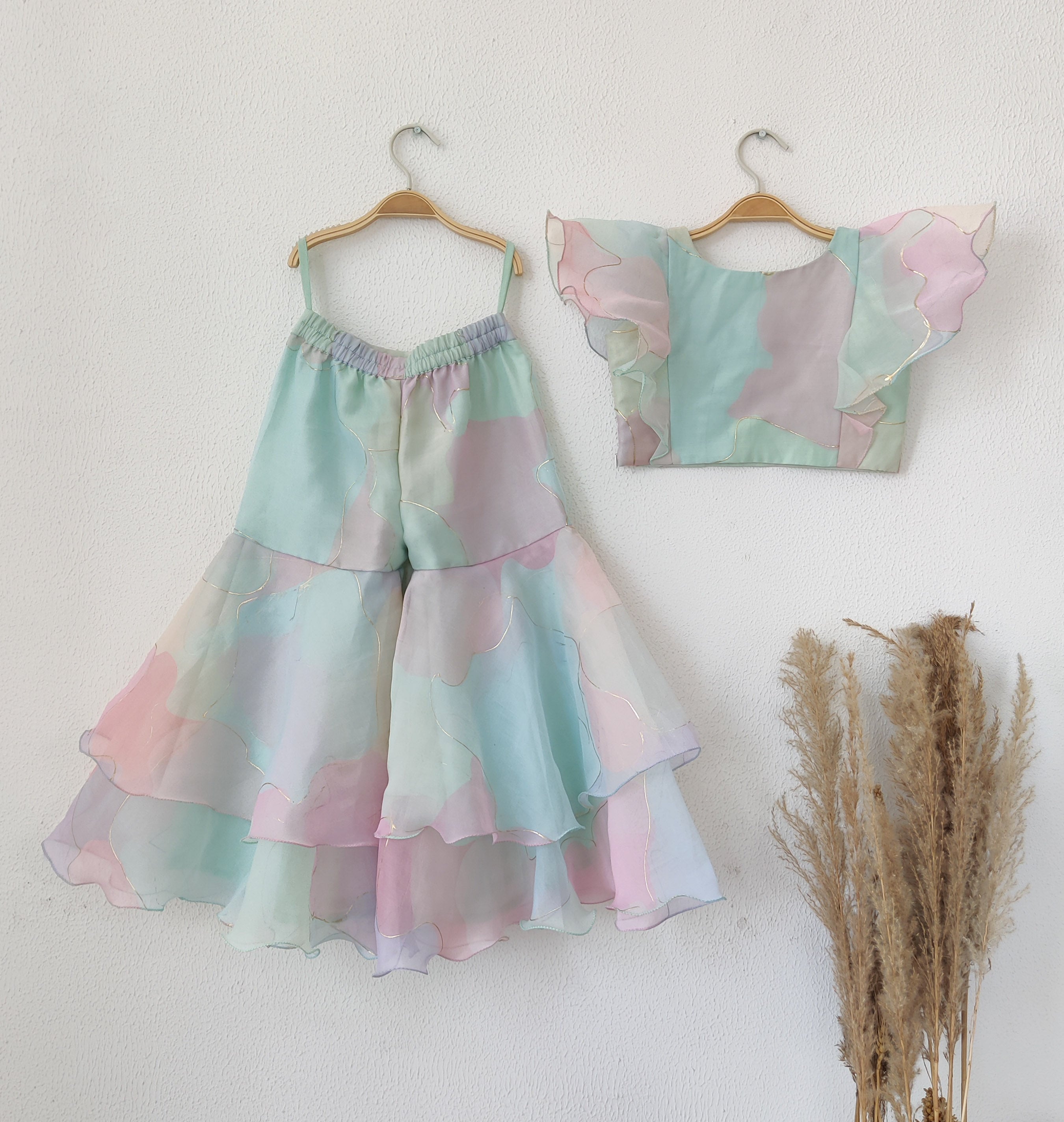 Pastel Dream Organza Crop-Top Kids Sharara Set