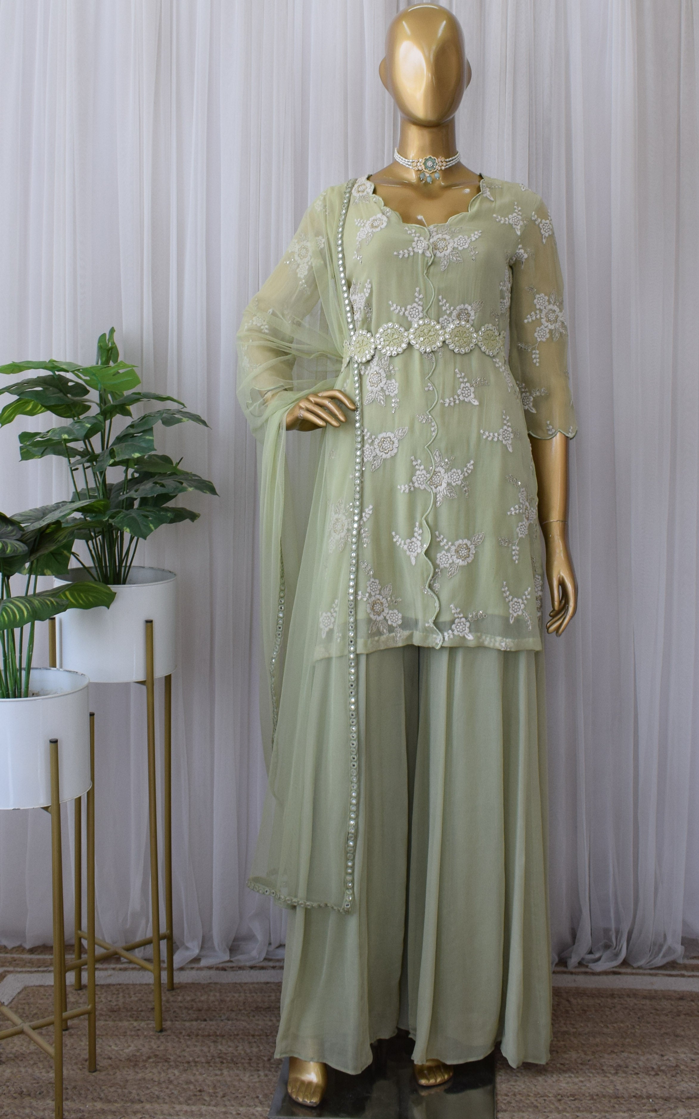 Sage Green Embroidered Sharara Set